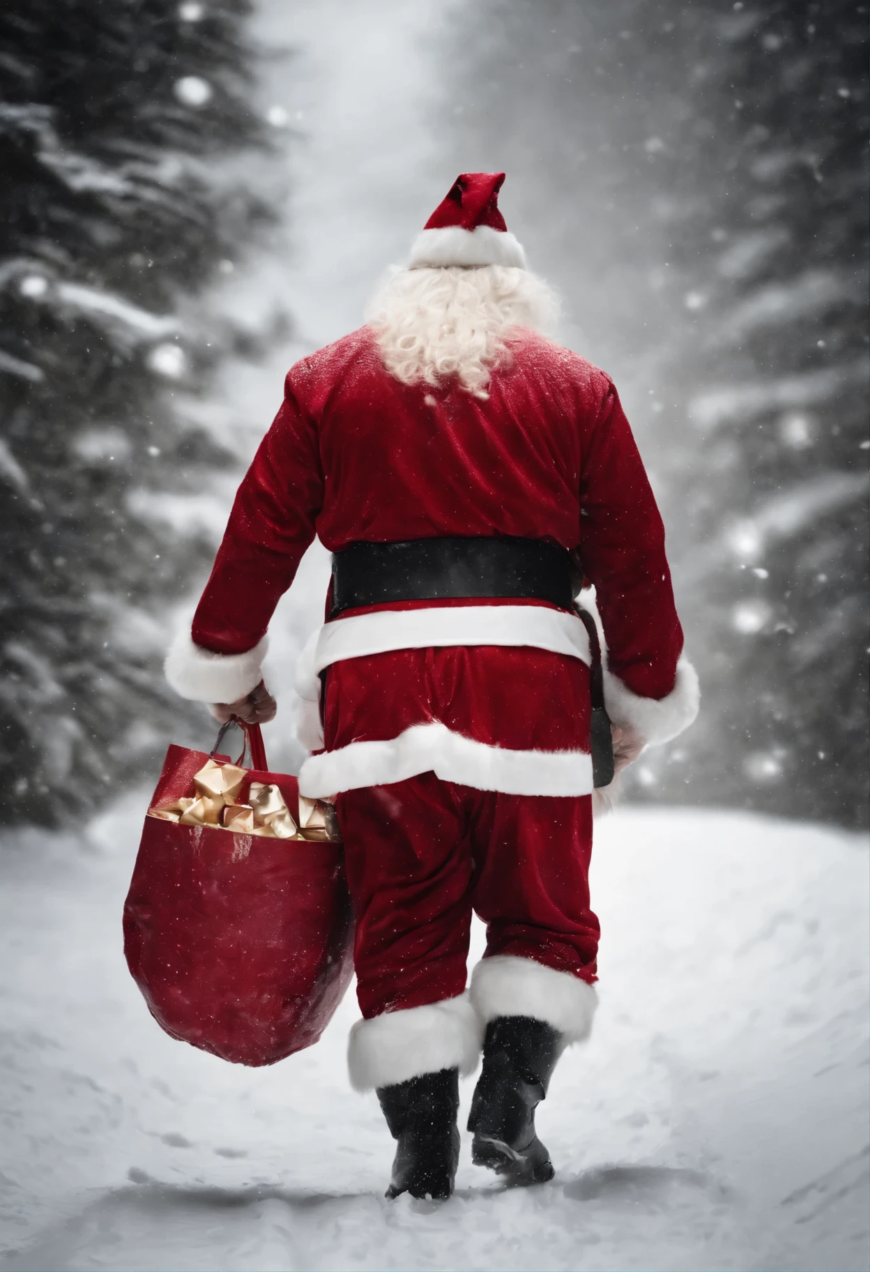 Santa Claus drags a huge bag of gifts on his back
