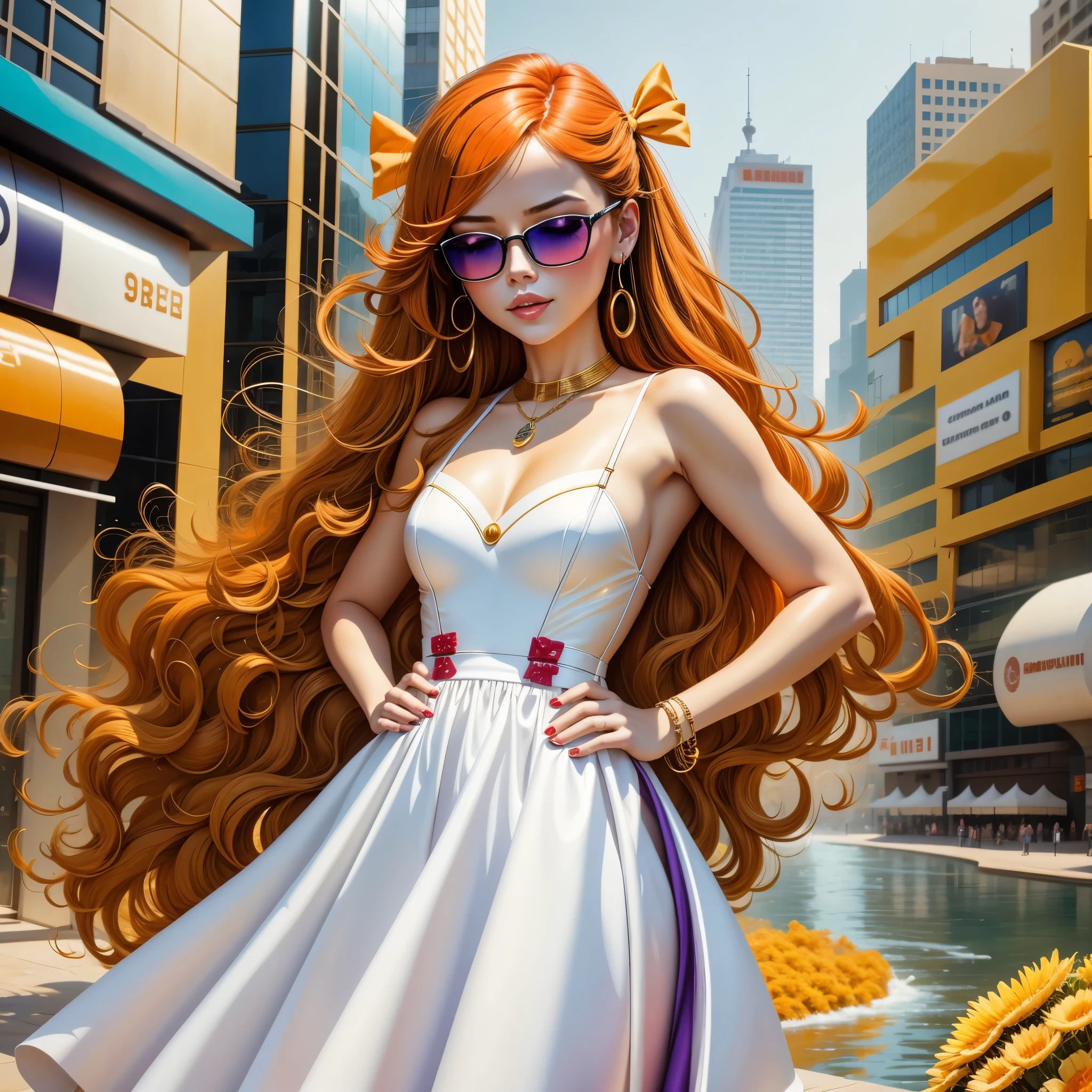 1 girl, alone, go to the river, orange hair, drill hair, wearing glasses, orange eyes, jewelry, bow, white dress, purple jacket, period, earrings, have, permanent, hands on hips, looking at the audience, one eye closed, giggle, outdoor, City 