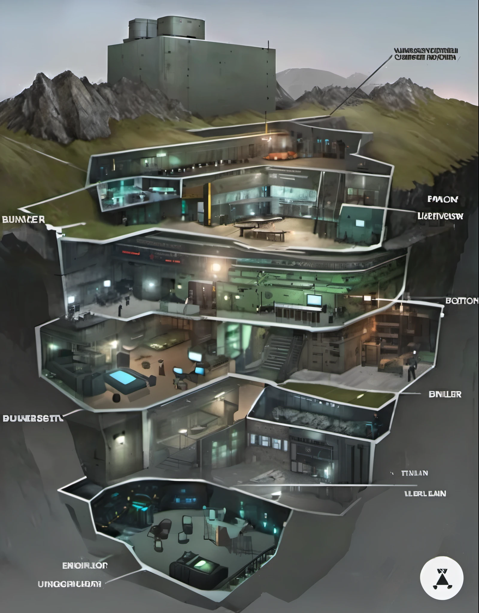 Diagram of a building with many rooms and many tones, 地下bunker, underground laboratory, secret underground laboratory, Various lounges，huge hierarchy, bunker, Resident Evil Virus Concept Art, underground room, dungeon, Inspired by Dennis Miller Bunker, alien habitat, Concept art is very detailed, Underground facilities, cave system, segmented, villain&#39;s lair，Multifunctional area，