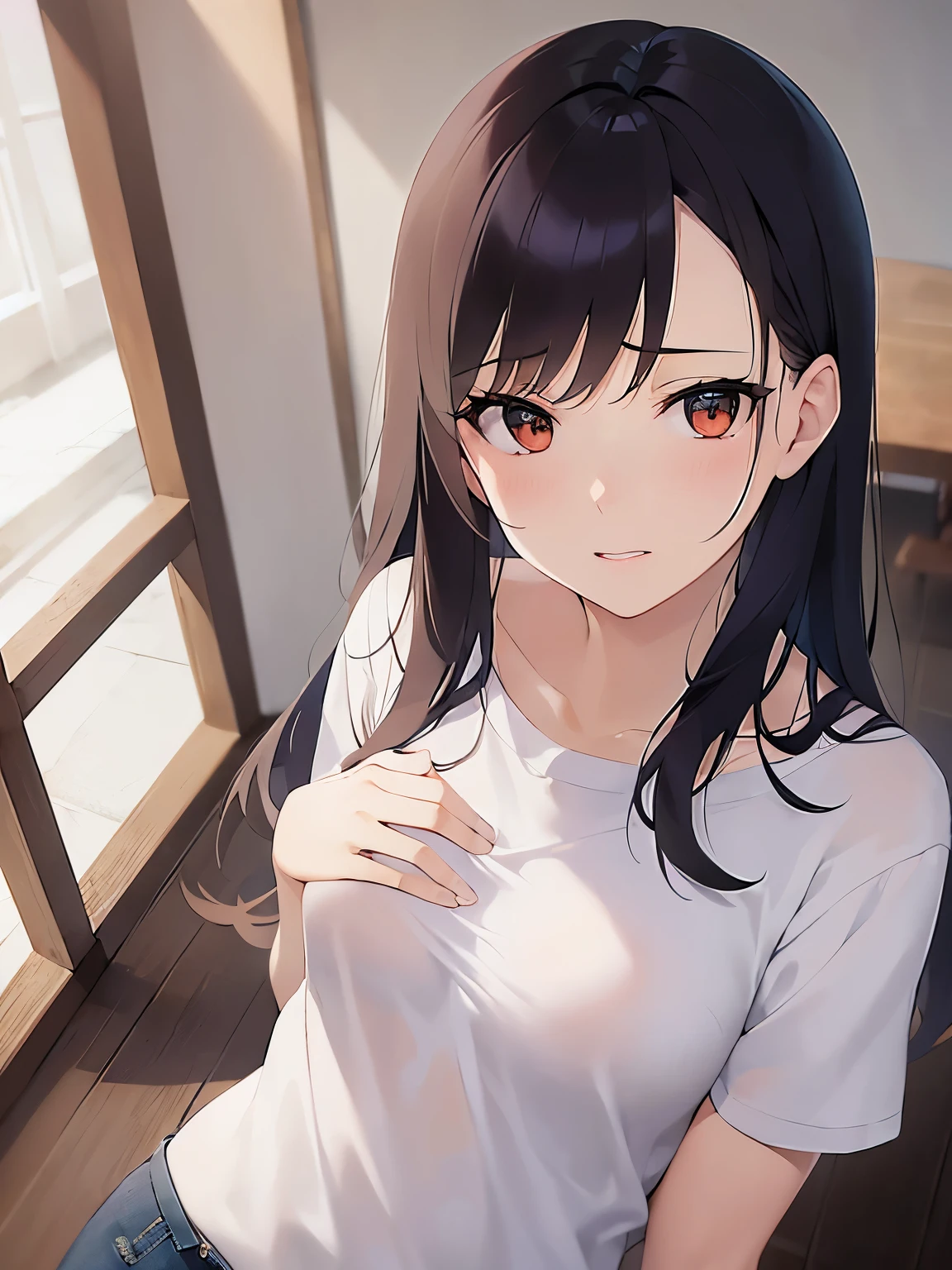 (Placing hand on chest:1.3), shooting from above、Upper Body, Realistic, real person, (pale skin: 1.2), RAW shiny skin, japanese idol、shiny hair、(25 year old woman with medium hair with bangs) and (wavy hair) and (brown hair) and (orange eyes) , (black) and (plain t-shirt) and (oversize) 、(embarrassed:1.2), The background is the living room、Alone、Are standing
