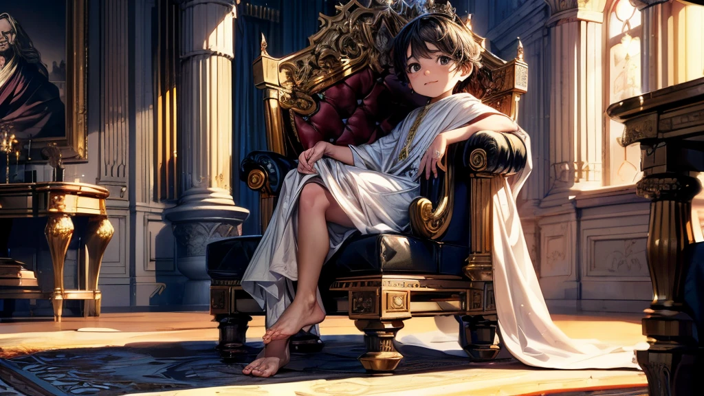 (best quality,4k,8k,highres,masterpiece:1.2),ultra-detailed,(realistic,photorealistic,photo-realistic:1.37), (solo), (A cute very boy:1.13) weing a white cloak and a (very long silk long dress:1.1), (prince), (best wrinkle, best shadow), (bare feet), soft curly hair, sparkling eyes, (curious sparkling eyes, innocent smile, cheeks rosy with happiness), dainty silver crown on his head, (Sitting on an exquisite and solemn throne), In the magnificent palace, bathed in warm golden sunlight, creating a dreamy and magical atmosphere.