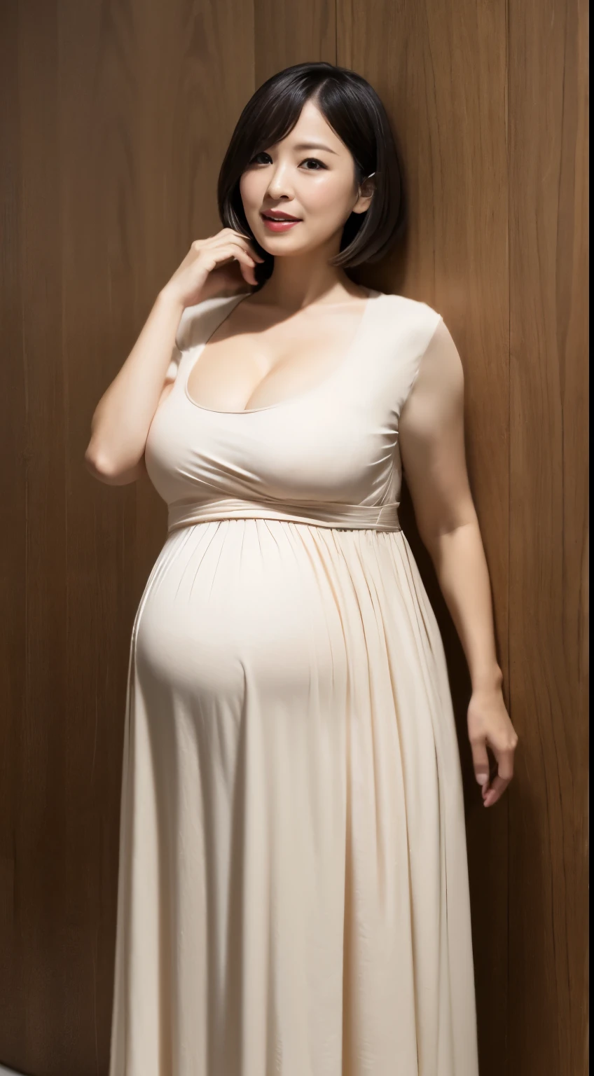 masutepiece, K, Japanese, 1 female, 65 years old, (Round Neck Short Sleeve Maxi Tight Dress: 1.2), Huge heavy cleavage , chubby, (huge pregnant), Realistic