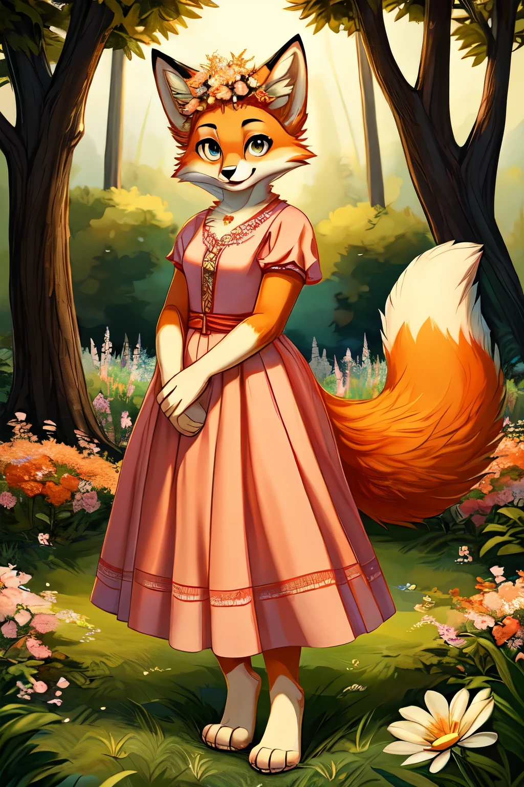 ((best quality)), ((masterpiece)), (detailed), perfect face, anthropomorphic fox, fluffy tail, pink dress, short sleeves, furry, fox, female, orange fur, barefoot, paws, feet, nature, grass, trees, flowers