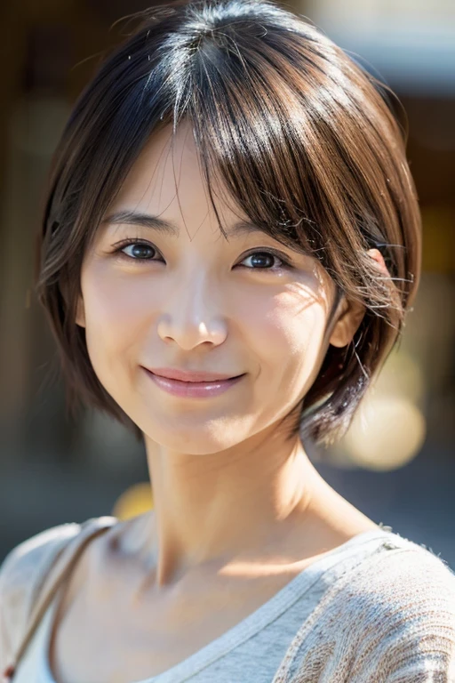 japanese woman, 45 years old, (realistic), (hyper realism), (photorealistic), (8K resolution), Depth of written boundary, (full body:1.2), super detailed face, fine eyes, cute face, various expressions, short hair, (small breasts:0.6), ((very thin waist)), rough clothes, woman, round face, , womanのカメラマン, lightly dressed, The average face of the Japan, smile
