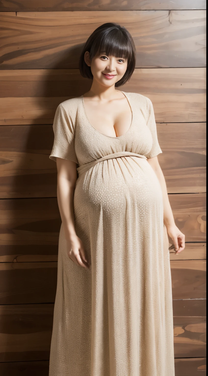 masutepiece, 16 K, Japanese, 1 female, 65 years old, (Round Neck Short Sleeve Maxi Tight Dress: 1.2), Huge heavy cleavage , chubby, (huge pregnant), Realistic