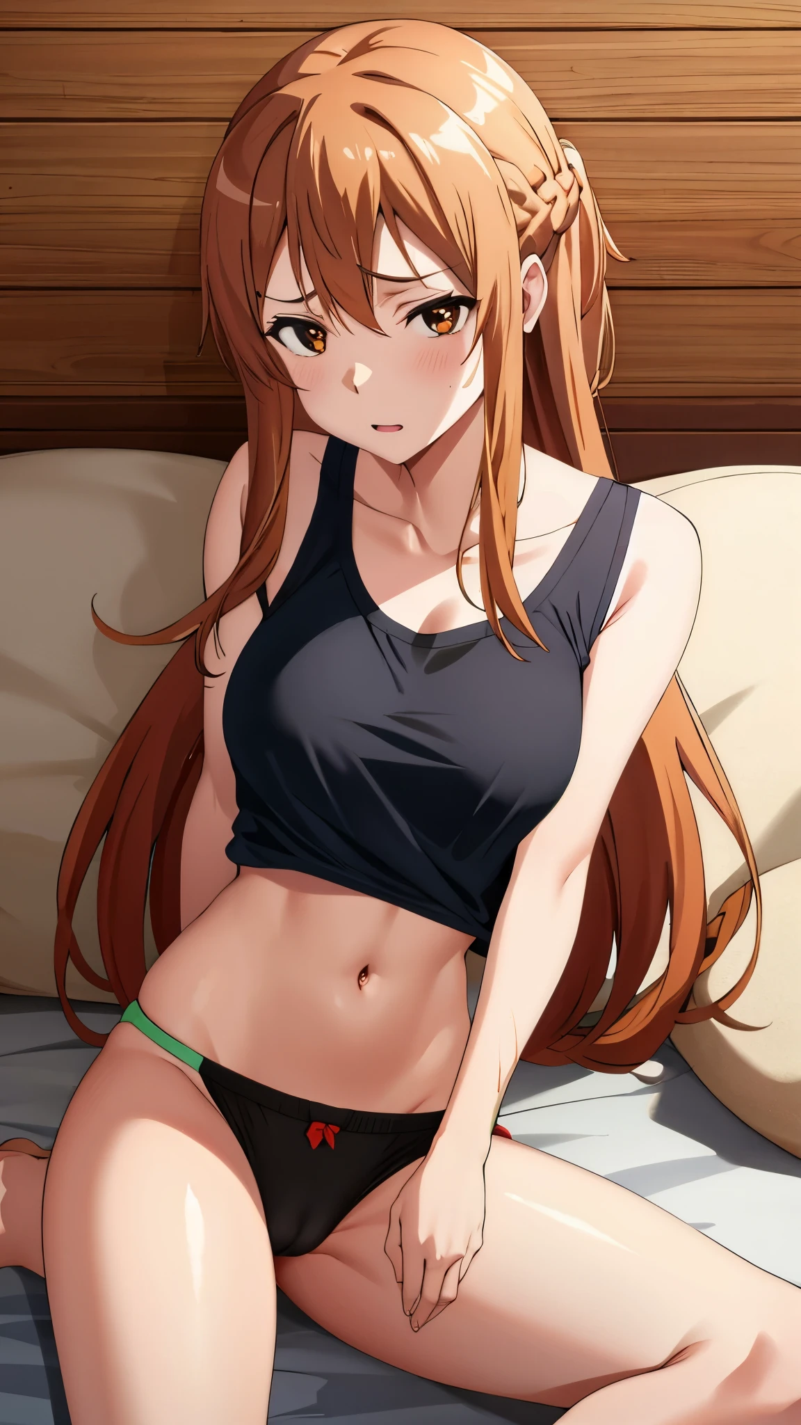 hand down pants ,lots of wet pee dripping wet , very shocked face , big eyes ,natural hanging big  sagging , on bed closeup on cameltoe vag , peeing pee cum 1girl in, Yuuki Asuna, Brown hair, Brown eyes, medium breasts, Long hair, braid , black tank top , tight t shirt ,braid ,no gloss matt black shorts cute cameltoe Ultra High Quality looking very shy , touching own squeezing peeing pee cameltoe big big blog in pants , best_quality:1.0), ultra high res,4K,ultra-detailed, photography, 8K, HDR, highres, absurdres:1.2, Kodak portra 400, closeup on cameltoe