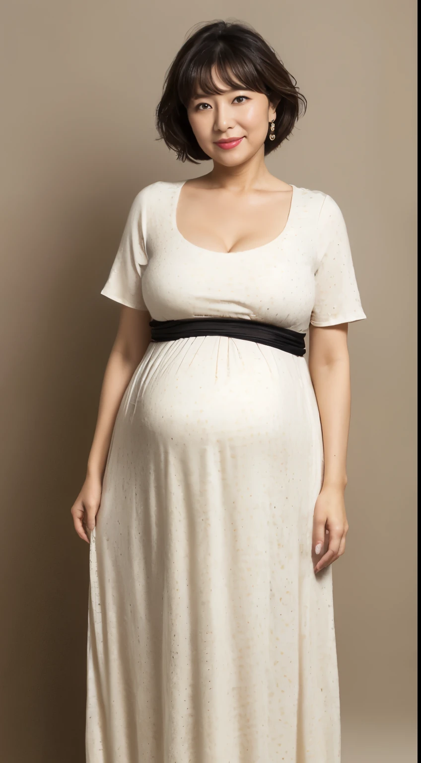 masutepiece, K, Japanese, 1 female, 65 years old, (Round Neck Short Sleeve Maxi Tight Dress: 1.2), Huge heavy cleavage , chubby, (huge pregnant), Realistic
