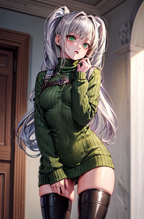 masterpiece, cute, young, long hair, best quality, in zombie home, ((worried ..expression)) ,1girl, RE4, green military sweater dress, turtleneck, ribbed sweater, thigh high boots, harness, best quality, masterpiece, highres gorgeous design, best quality
