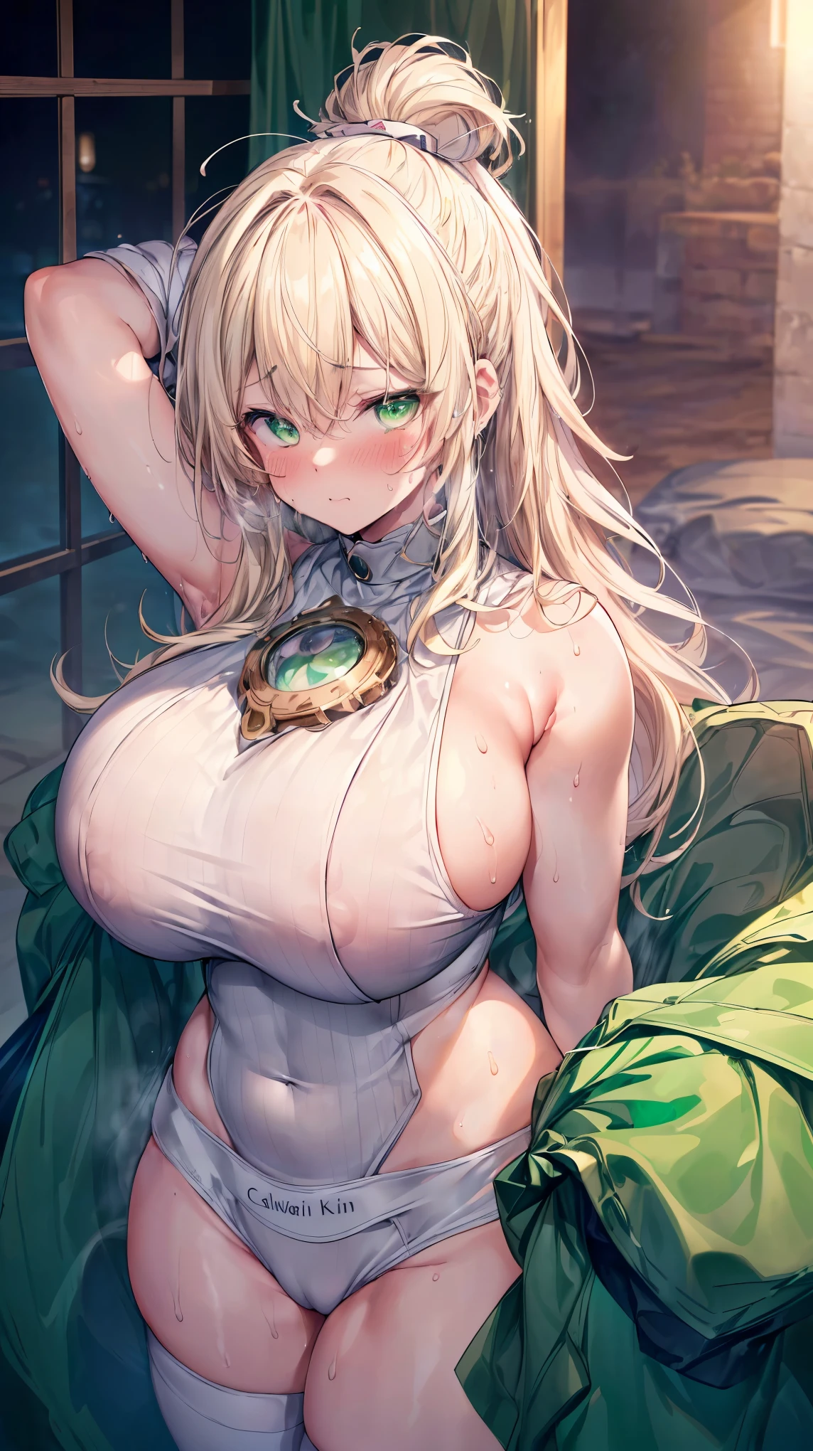 blonde wavy hair、cute anime face、thick thighs、8k、4k、highest quality、(High resolution:1.6)、noise reduction、((glowing green eyes、high detail eyes:1.5、Sweat、blush、open your mouth))、(SFW huge body:1.5)、(((model pose)))、(White Calvin Klein underwear)、(sexy back view、T-back that digs into your butt)