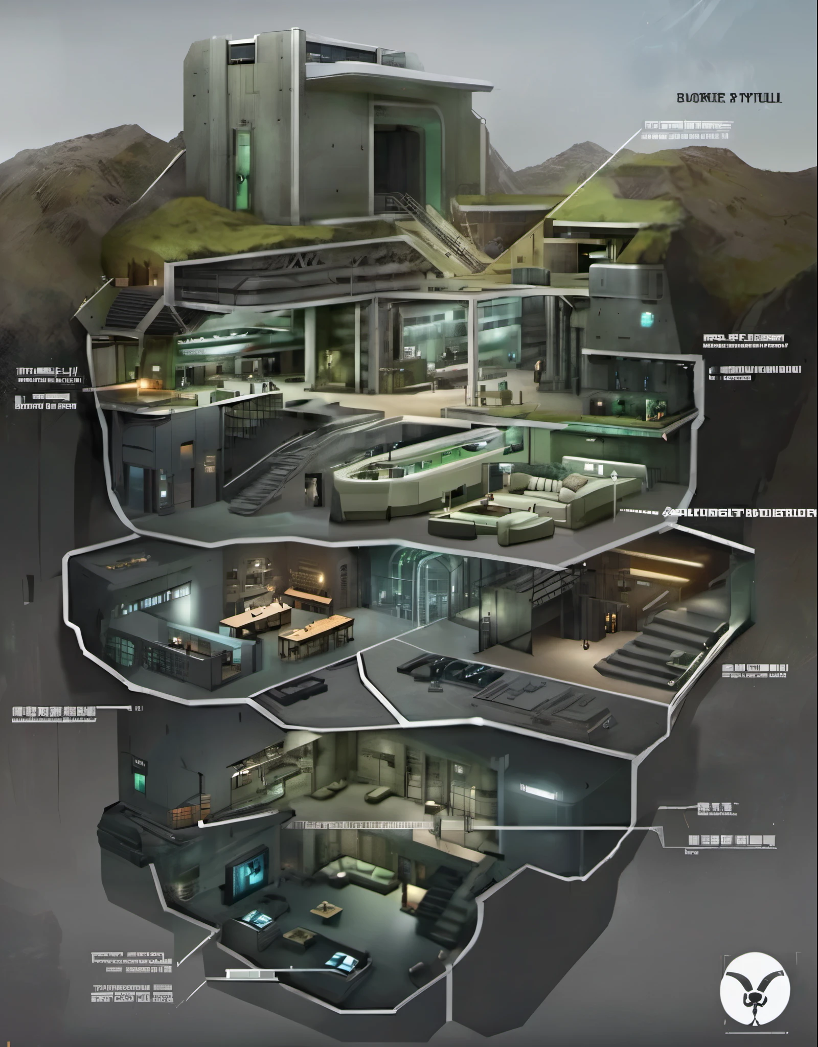 Diagram of a building with many rooms and many tones, 地下bunker, underground laboratory, secret underground laboratory, Various lounges,huge hierarchy, bunker, Resident Evil Virus Concept Art, underground room, dungeon, Inspired by Dennis Miller Bunker, alien habitat, Concept art is very detailed, Underground facilities, cave system, segmented, villain's lair,Multifunctional area,