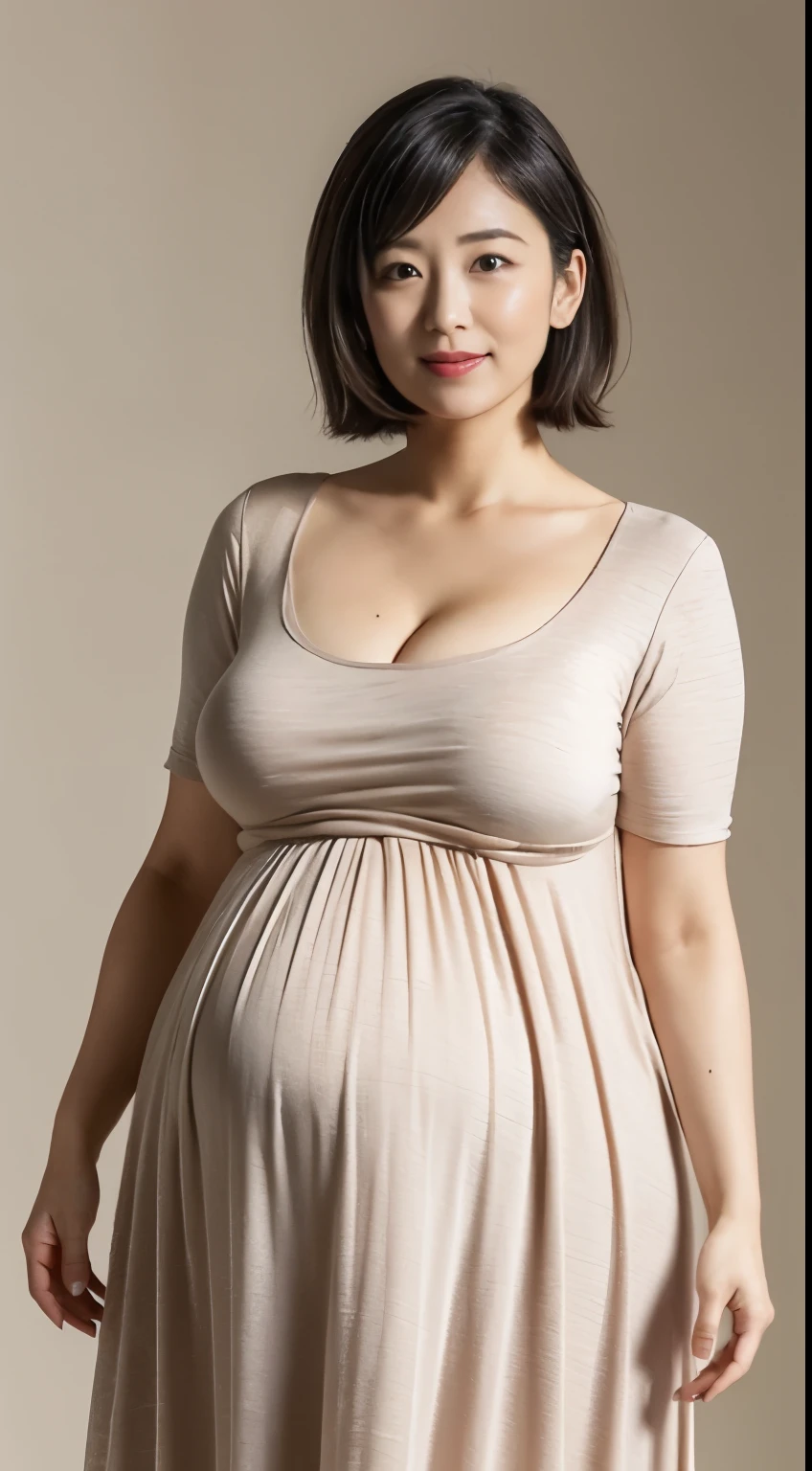 masutepiece, 16 K, Japanese, 1 female, 65 years old, (Round Neck Short Sleeve Maxi Tight Dress: 1.2), Huge heavy cleavage ,  chubby, (huge pregnant), Realistic