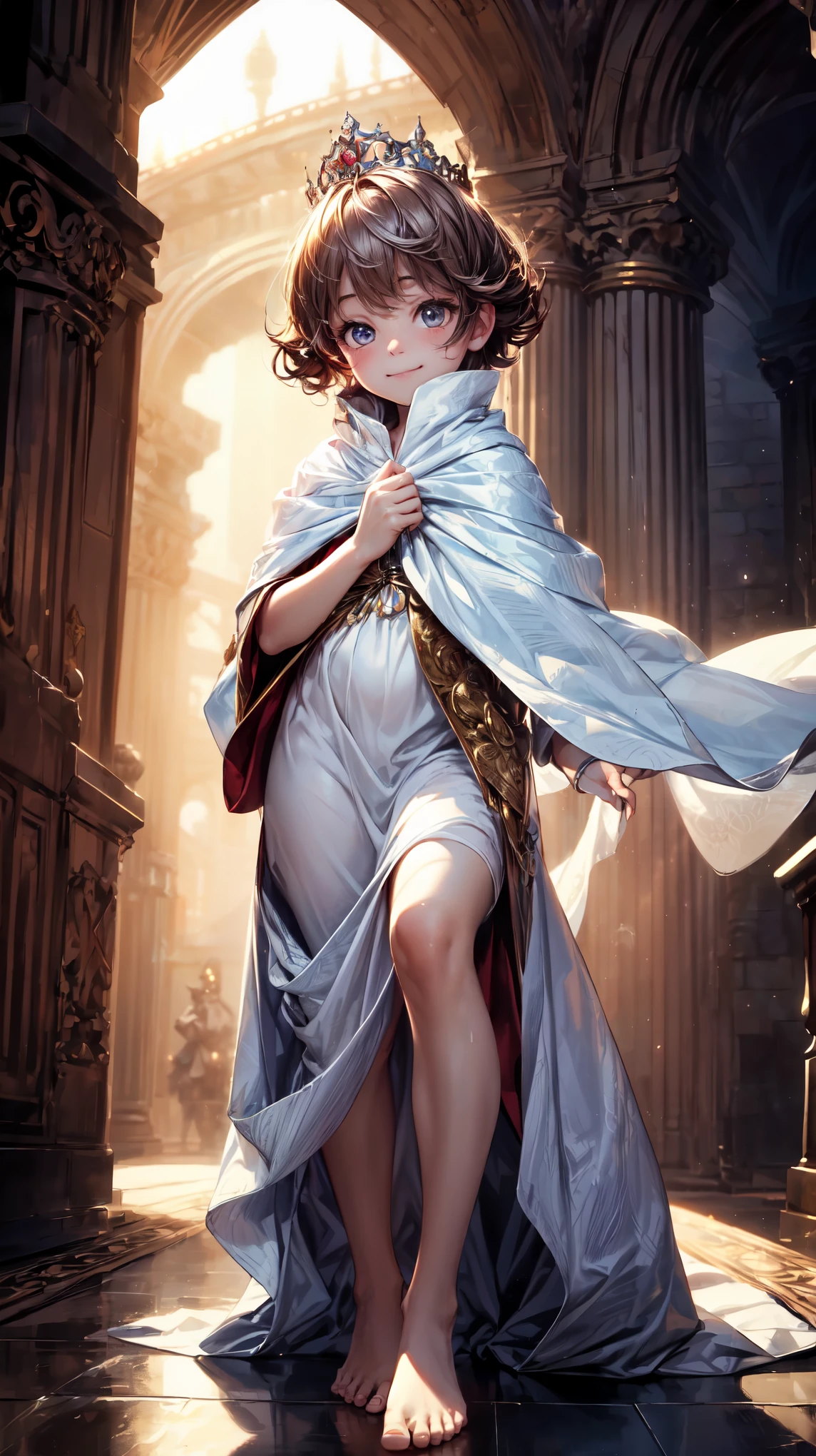 (best quality,4k,8k,highres,masterpiece:1.2),ultra-detailed,(realistic,photorealistic,photo-realistic:1.37), (solo), (A cute very :1.13) wearing a white cloak and a (very long silk dress:1.1), (prince), (best wrinkle, best shadow), (bare feet), soft curly hair, sparkling eyes, (curious sparkling eyes, innocent smile, cheeks rosy with happiness), dainty silver crown on his head, (passing through a misty dark palace garden), (real location), In the magnificent place, bathed in warm golden sunlight, creating a dreamy and magical atmosphere.