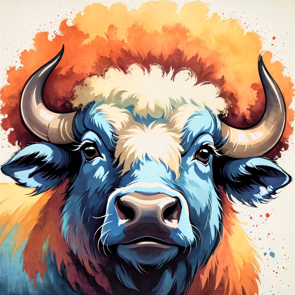 buffalo with a afro in monotype print
