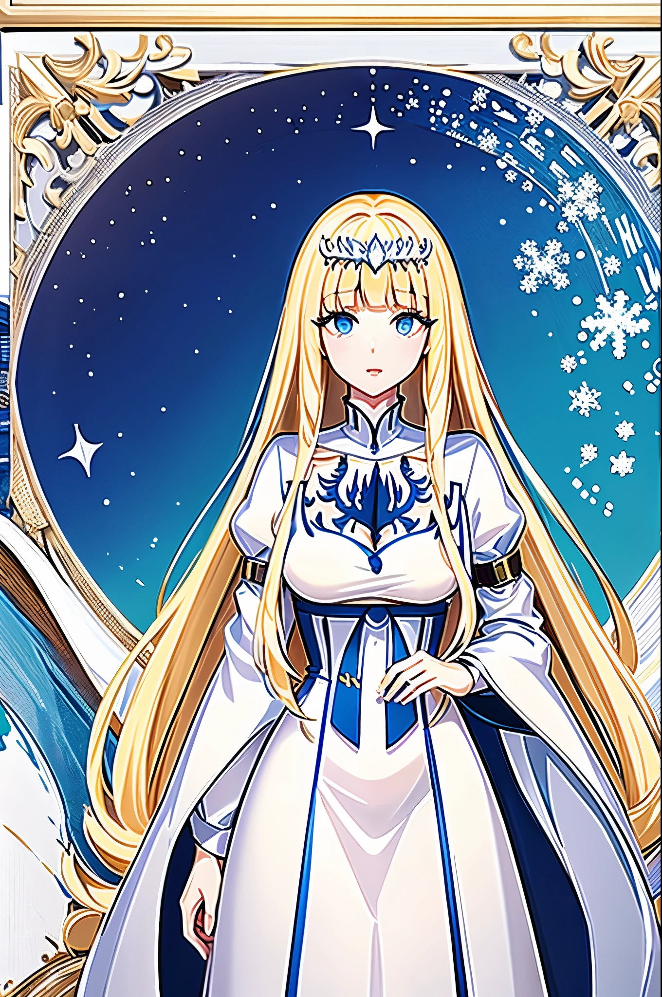 1 Lady、(​masterpiece、top-quality、top-quality、Official art、Beautifully Aesthetic:1.2)、(1girl in)、ighly detailed、(Fractal Art:1.3)、colourfull、highestdetailed、Beautiful rendering、amazing wallpapers、picture frame、Detail Frame、Snowflake、robe blanche、Snowflake, 1girl, solo, Calca, Calca Bessarez, blonde hair, extremely long hair, very long hair, white tiara, white dress, blue eyes, medium chest