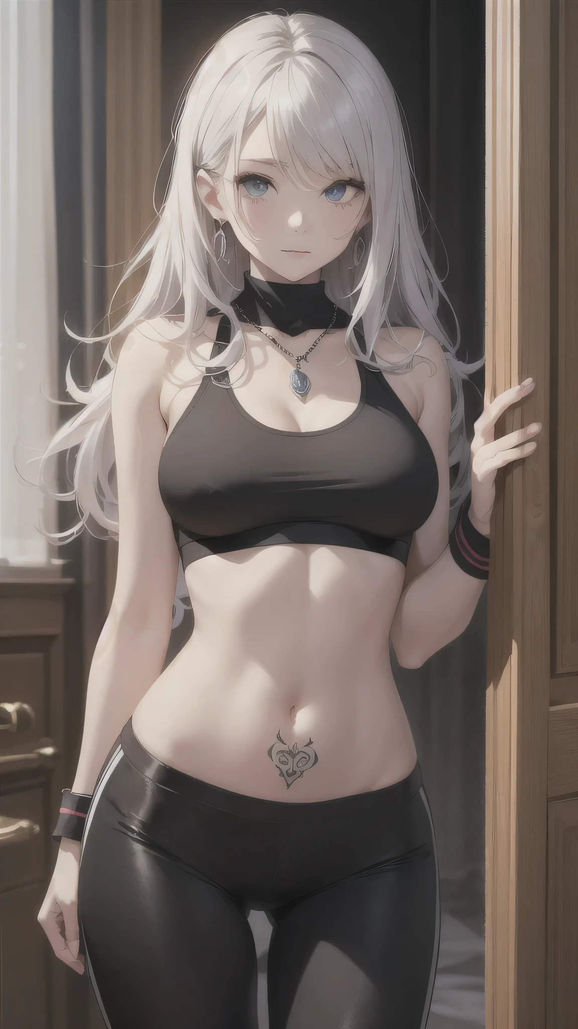 最high quality、best image quality、masterpiece、girl((20-year-old、 By becoming、vest bust、medium bust,wide open breast tea、shining eyes, silver hair、long hair、thin,highest valley、black sports bra、black sports pants、shoulder tattoo,diamond earrings、Wristband、black jacket、necklace)),high quality、beautiful art、background((Beautiful hotel room,in front of the door))、Flight、debris flies、Depth of written boundary、movie、visual art、perfect art、8K,genuine、Dynamic Performance