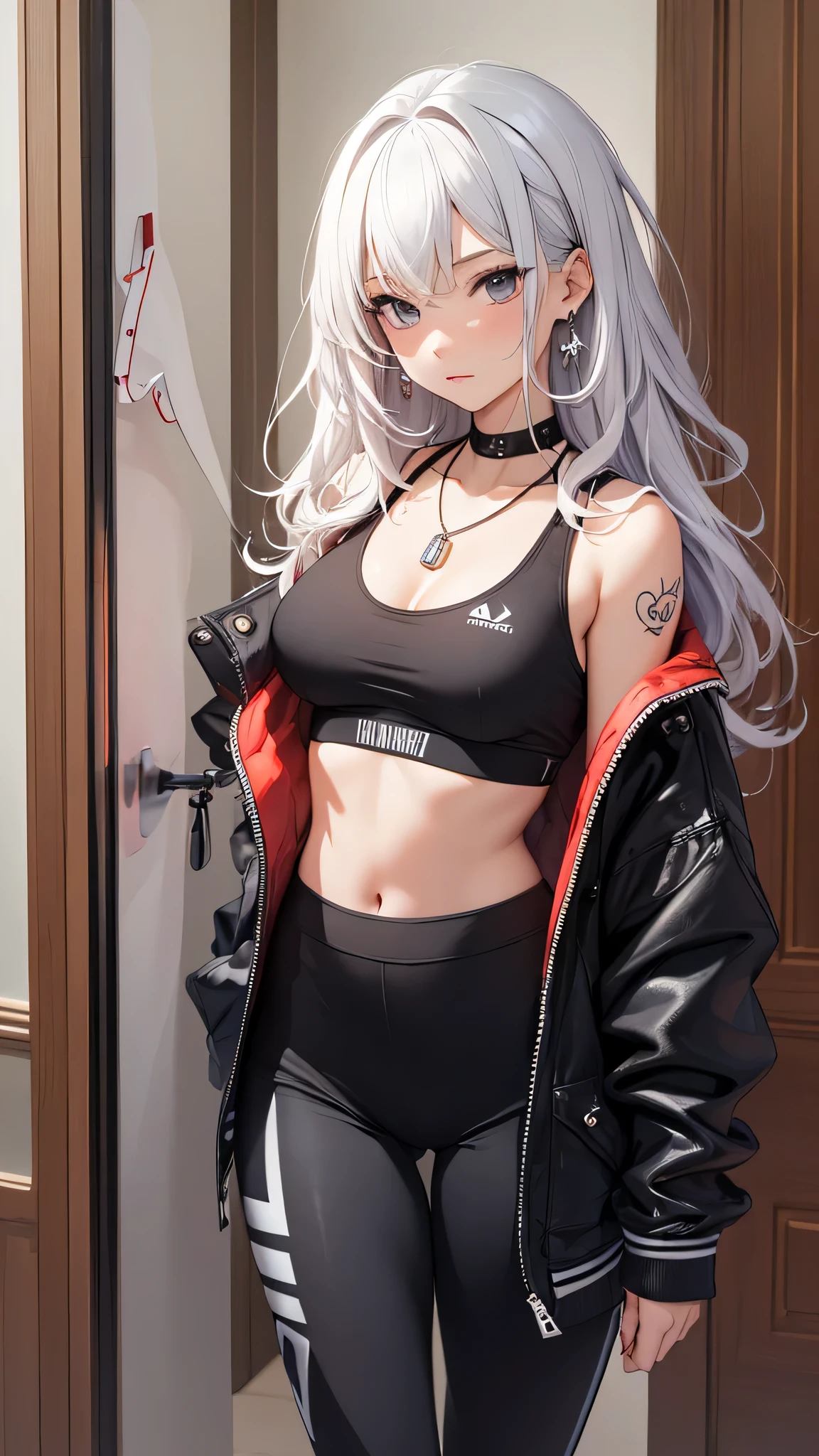 最high quality、best image quality、masterpiece、girl((20-year-old、 By becoming、vest bust、medium bust,wide open breast tea、shining eyes, silver hair、long hair、thin,highest valley、black sports bra、black sports pants、shoulder tattoo,diamond earrings、Wristband、black jacket、necklace)),high quality、beautiful art、background((Beautiful hotel room,in front of the door))、Flight、debris flies、Depth of written boundary、movie、visual art、perfect art、8K,genuine、Dynamic Performance