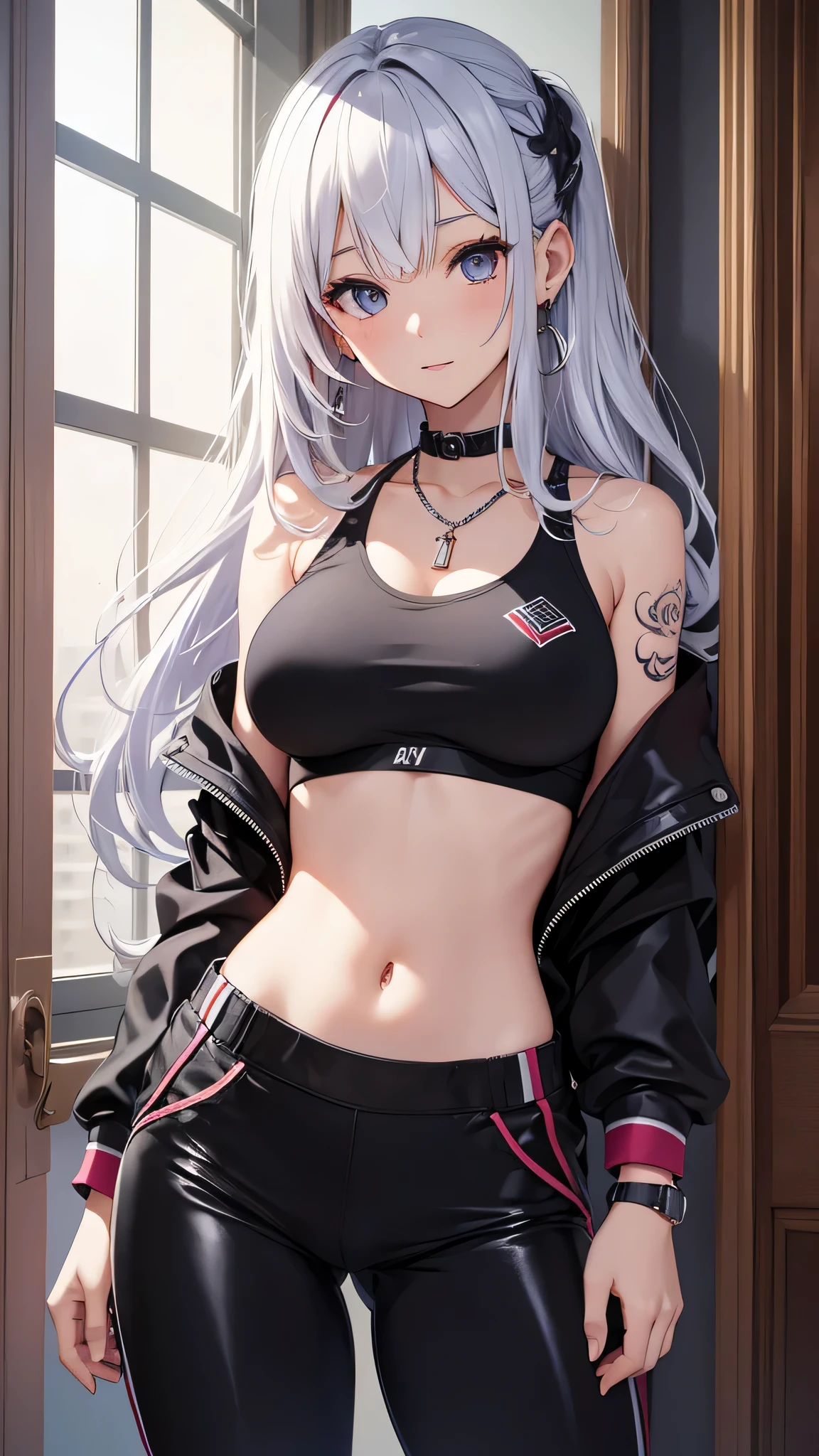 最high quality、best image quality、masterpiece、girl((20-year-old、 By becoming、vest bust、medium bust,wide open breast tea、shining eyes, silver hair、long hair、thin,highest valley、black sports bra、black sports pants、shoulder tattoo,diamond earrings、Wristband、black jacket、necklace)),high quality、beautiful art、background((Beautiful hotel room,in front of the door))、Flight、debris flies、Depth of written boundary、movie、visual art、perfect art、8K,genuine、Dynamic Performance