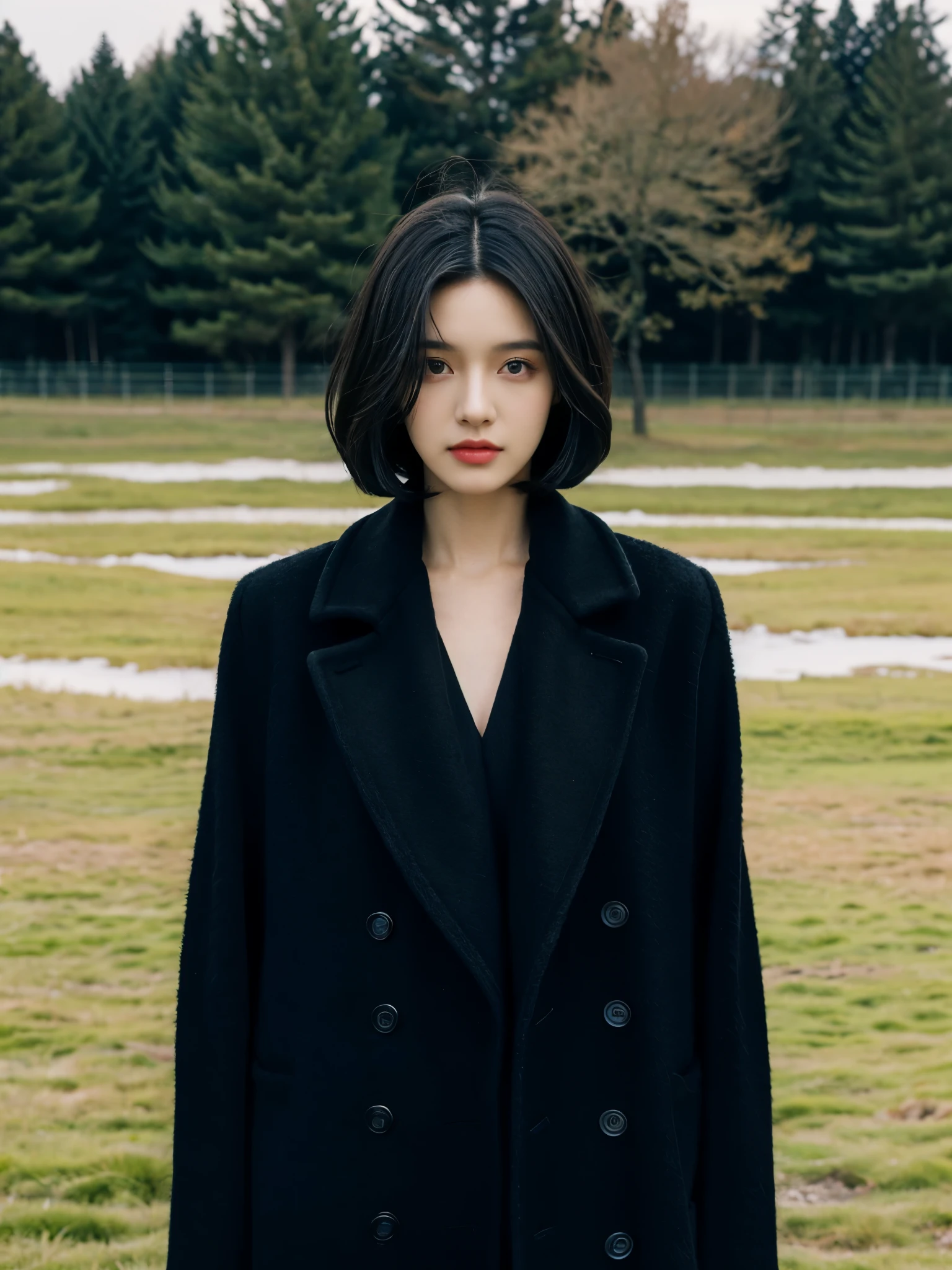 Best quality at best,tmasterpiece,ultra high resolution,(realness:1.4),RAW photogr,Cinematic texture,1 cool girl,Tall and tall，Dressed in black，black long woolen coat，standing in the plain background，looks into camera，fashion photoshoot, black bob hair, gorgeous eyes