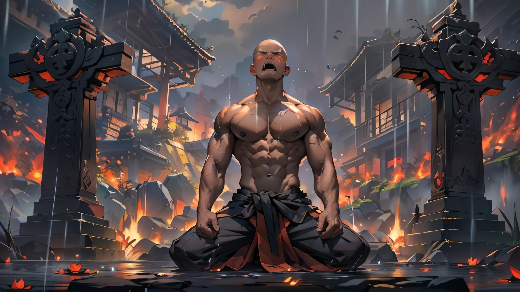 (masterpiece, best quality, Bald monk, 8K, Super detailed), (Upper body, angry eyes, open mouth), 1 bald monk, alone, Muscular monk sitting cross-legged on a black stone platform，Naked from the waist down，dark skin，Close your eyes，(Looking up to the sky and crying bitterly，Tears poured down),((cry bitterly，angry sad expression，angry cry))，（(On the forehead((swastika)）Word symbols glowing red)), facial close-up，（(The effect of exploding the muscles of the whole body with great strength)), He cried in pain:1.2), (abdominal muscles), (Chest), (upper arm), damaged cassock, (topless male), A person with a martial arts stance, moving body, kneeling position, black stone lotus，collapsed buddha statue，The body of the dead girl lies on the ground，(Thunderstorm night)，heavy rain