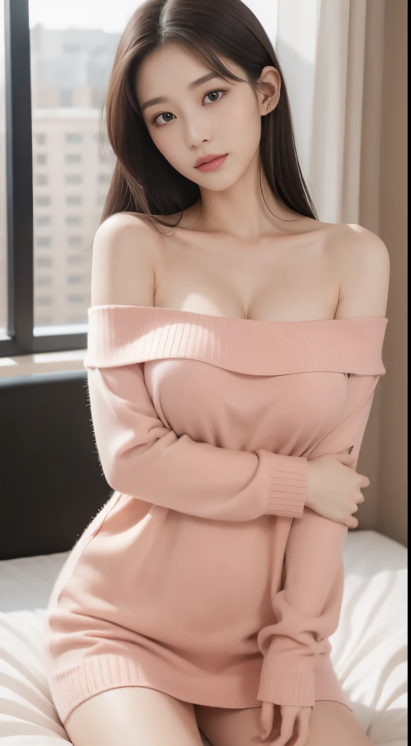 （（top-quality，8K，tmasterpiece：1.3）），Beautuful Women，Hide your face，1个Giant Breast Girl，big breasts beautiful：1.3，Slender abs：1.1，camisole，，longblackhair，（kneeling on a bed），Super detailed face，Highly detailed lips，Detailed eyes，double eyelid，Pink knit sweater