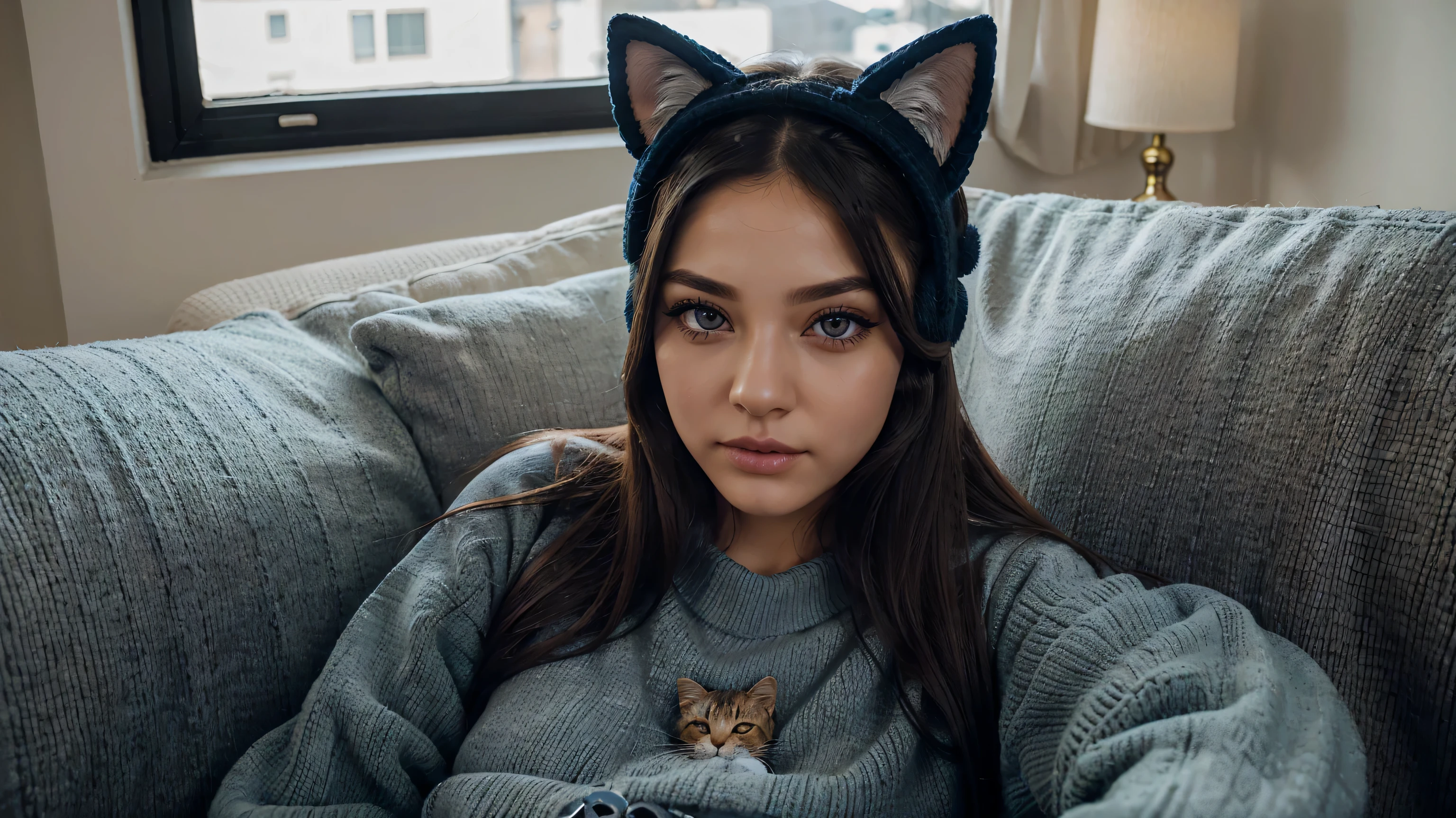 (best quality,ultra-detailed),beautiful detailed eyes,detailed lips,extremely detailed eyes and face, black eyes long eyelashes,cozy couch,blue sweater,baggy pants,cat headset E-girl