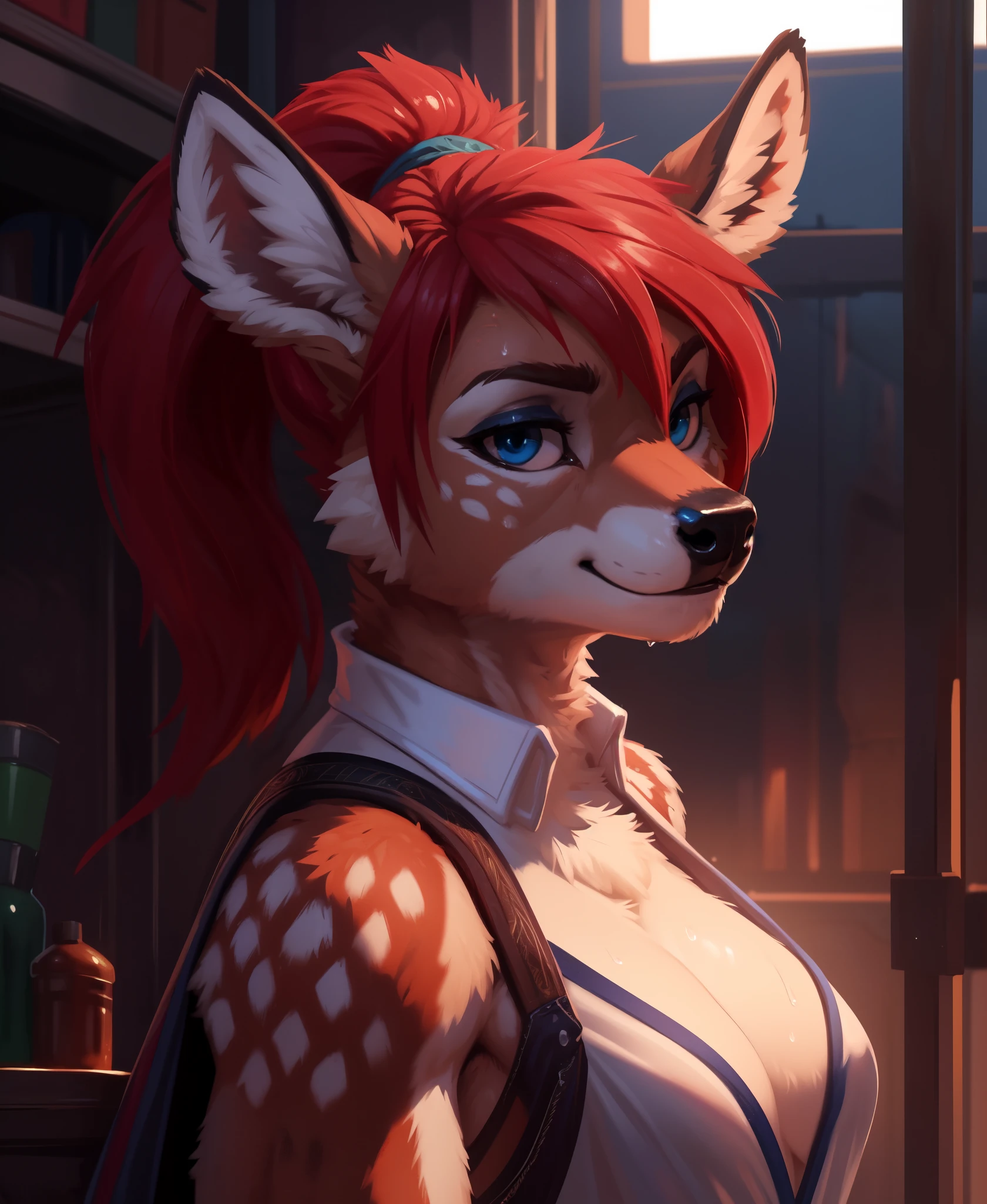 masterpiece, best quality, (hioshiru, tom bagshaw), female deer, anthro, workout, perfect eyes, long eyelashes, (deer), (sweaty face), (red hair, ponytail), brown fur, (makeup, eyeliner:1.1)BREAK (detailed background:1.3), (cinematic lighting), detailed ambient light, (detailed lighting), (ambient light on the body), , ((dark outlines)), [[by taran fiddler]], by dagasi, by Foxovh, (sharp focuasterpiece, 8k, 4k,raw photo, warm lighting, best quality, hi res, high resolution, high details, ultra realistic, absurd res