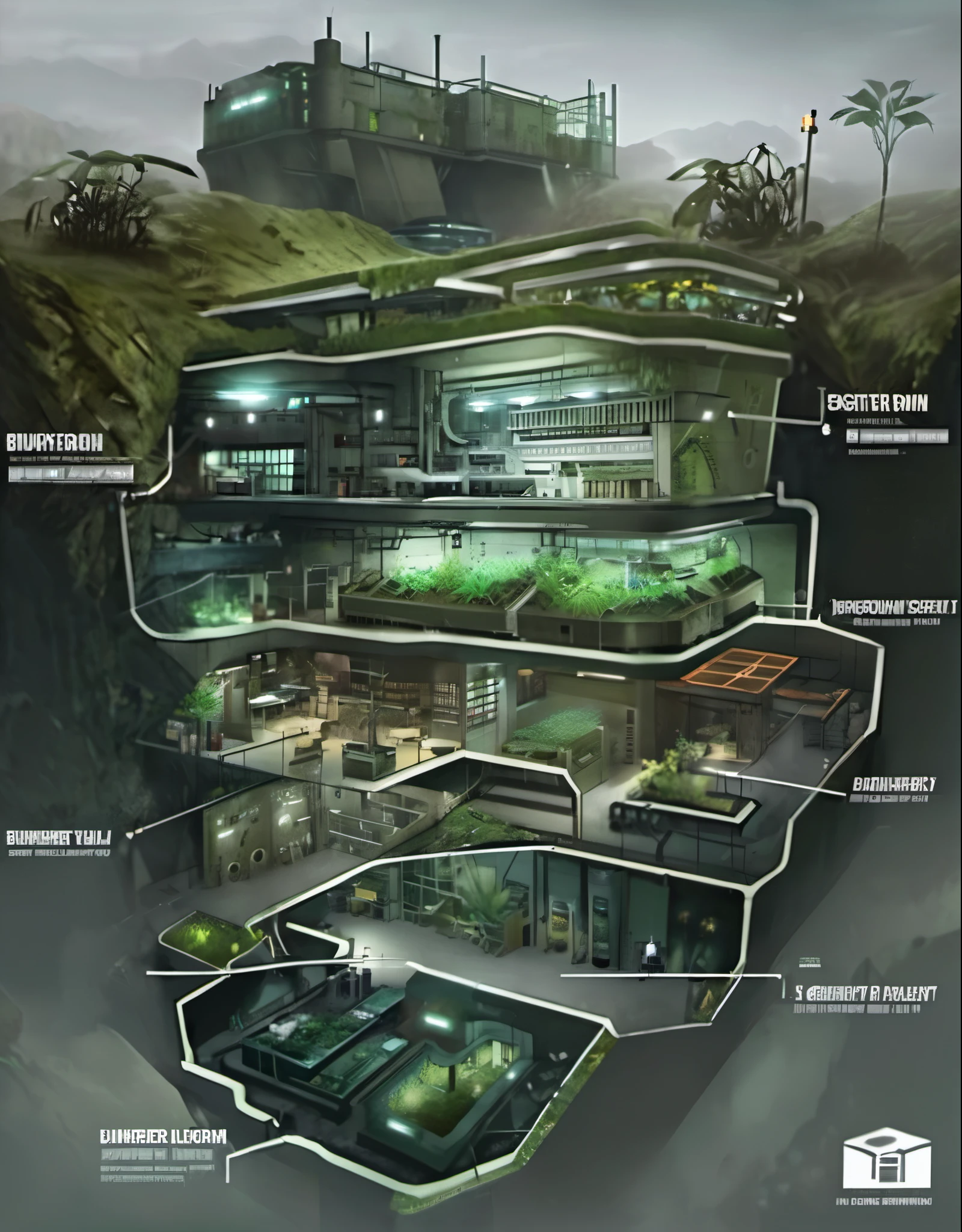 Schematic diagram of a building with many rooms and many plants, 地下bunker, underground laboratory, secret underground laboratory, huge hierarchy, bunker, Resident Evil Virus Concept Art, underground room, dungeon, Inspired by Dennis Miller Bunker, alien habitat, Concept art is very detailed, Underground facilities, cave system, segmented, villain's lair