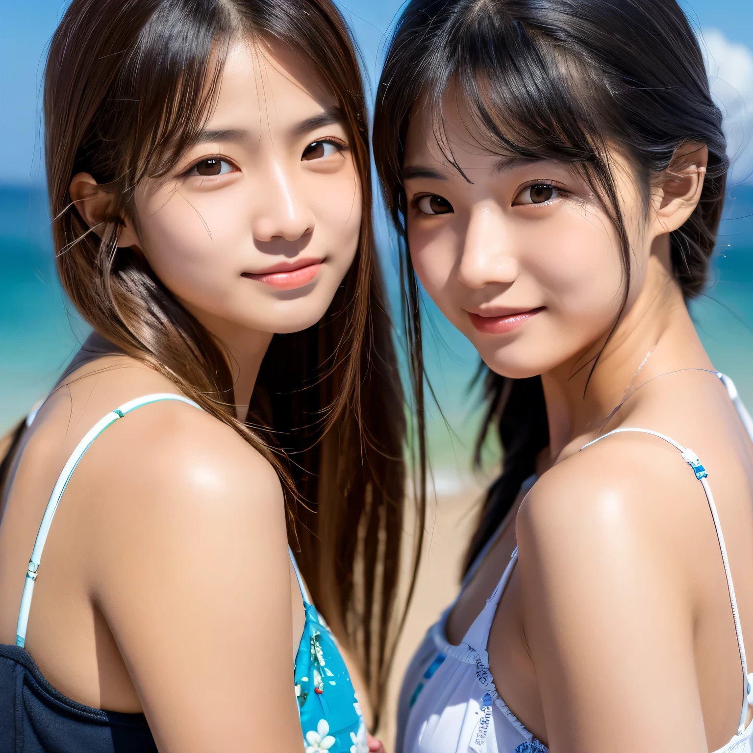 (Top Quality, 4K, High Resolution, masterpiece:1.2),  at the beach, having her friend apply sunscreen cream