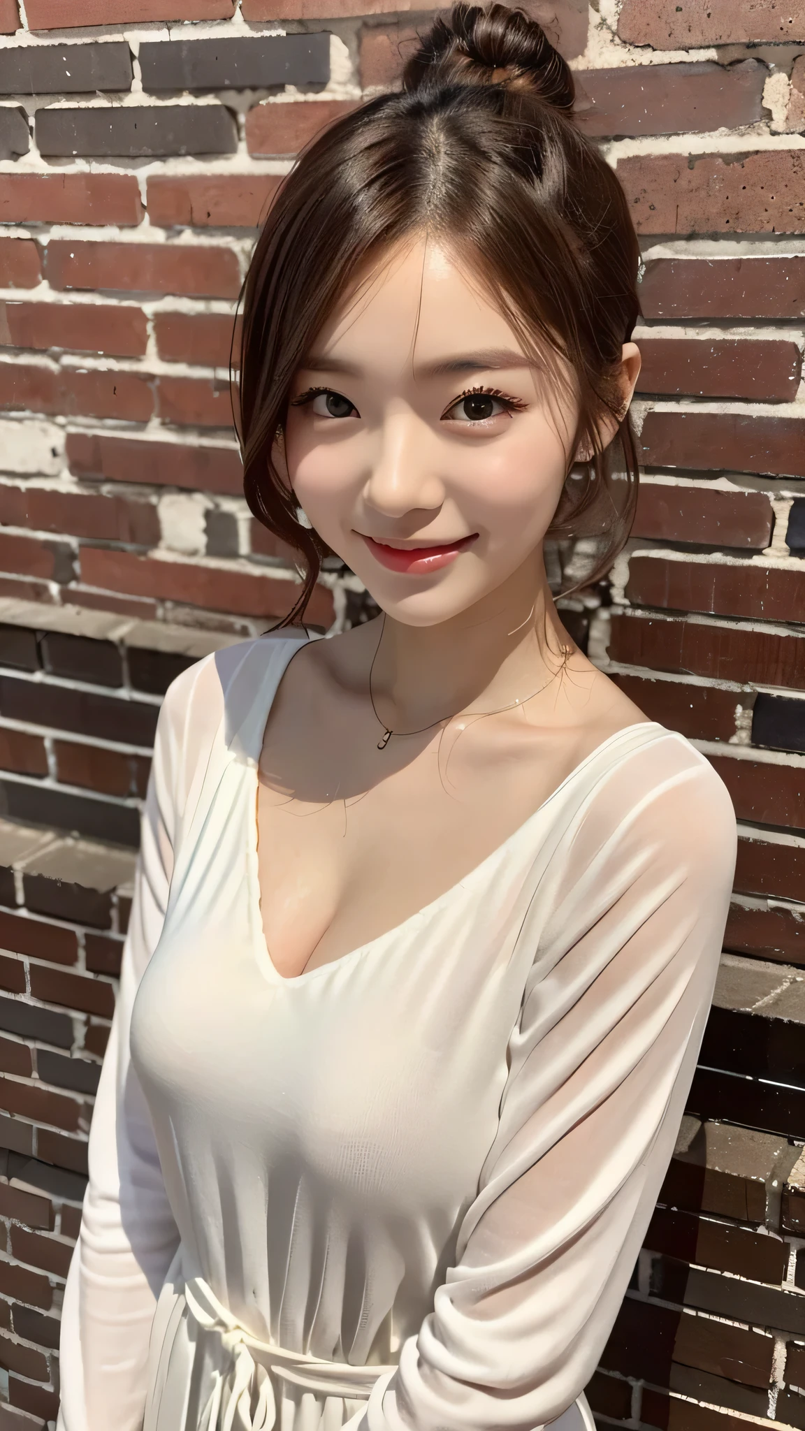 Korean beautiful girl with good style、white and beautiful skin、low length、brown hair、bun hair、reddish brown eyes、slanted eyes、thin eyebrows、thick lips、smile、fancy clothes、Fashion Model、brick background、