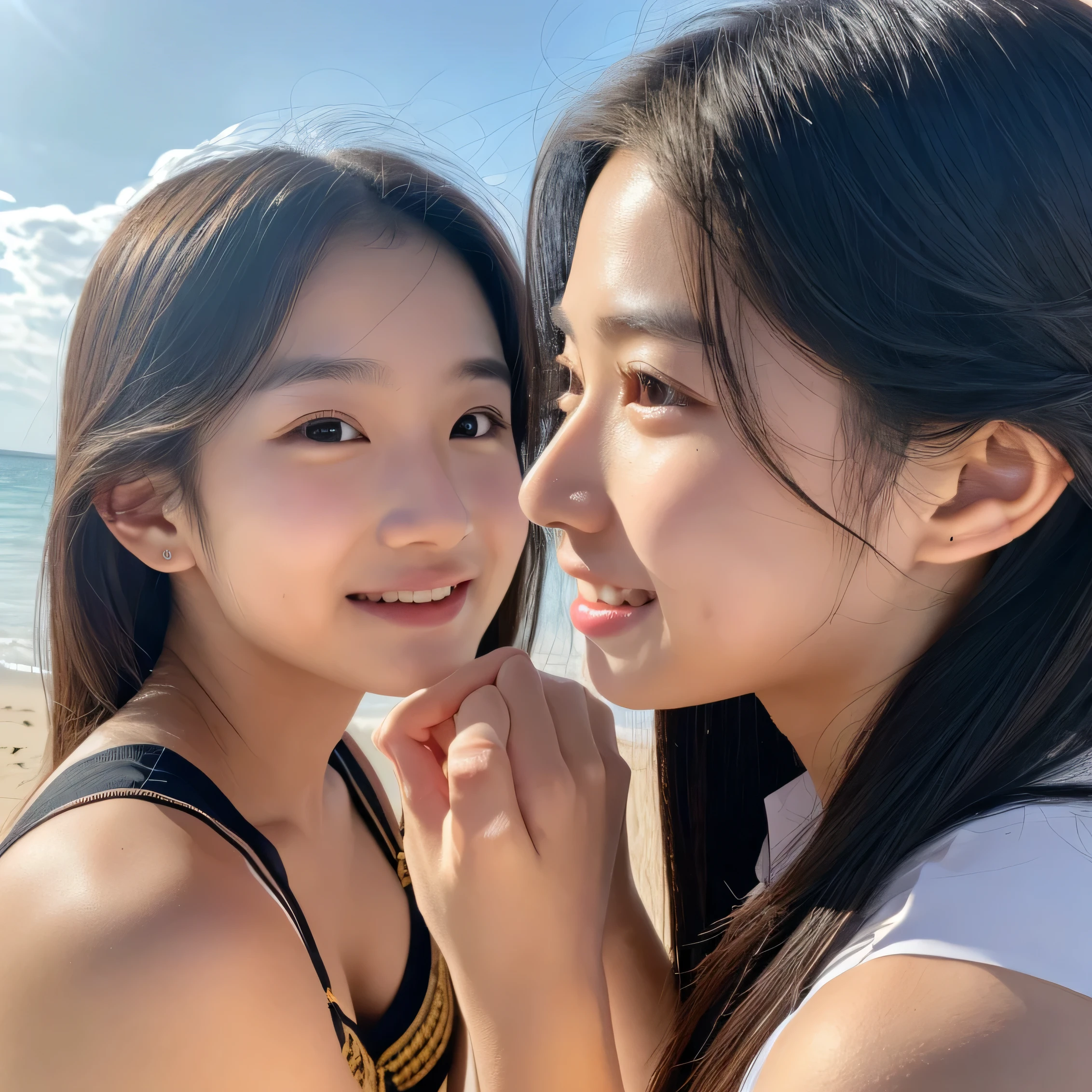 16 year old identical twin sisters, clear facial features, close, happy and golden retriever, black hair, walk on a beautiful sandy beach.(8K、Live shooting、highest quality、masterpiece:1.2)、Super detailed、super resolution、(hyper genuineity、)Super detailed、super resolution、(genuine、genuine photo:1.47)、highly detailed face、highly detailed eyes、非常にgenuineな肌、 highly detailed fingers, highly detailed nose, highly detailed mouth, highly detailed background,