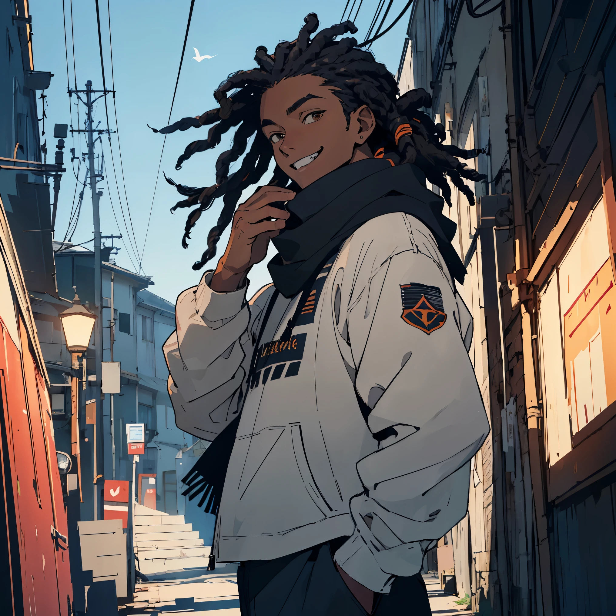 (Masterpiece, Top Quality, Best Quality, Official Art, Beauty and Aesthetics: 1.2), (Flat Color: 1.3), Very Detailed, Detailed Face and Eyes, Cinematic Light, SFW, Anime, Depth of Field, 1 Boy,  Smile, Solo, Official, Black Hair, Black Scarf, Black Hair Dreads, Brown Eyes, Black Eye Shadow, Black Ski Goggles, Dark Skin, White Long Sleeve Shark T-shirt, Gray Cargo Pants