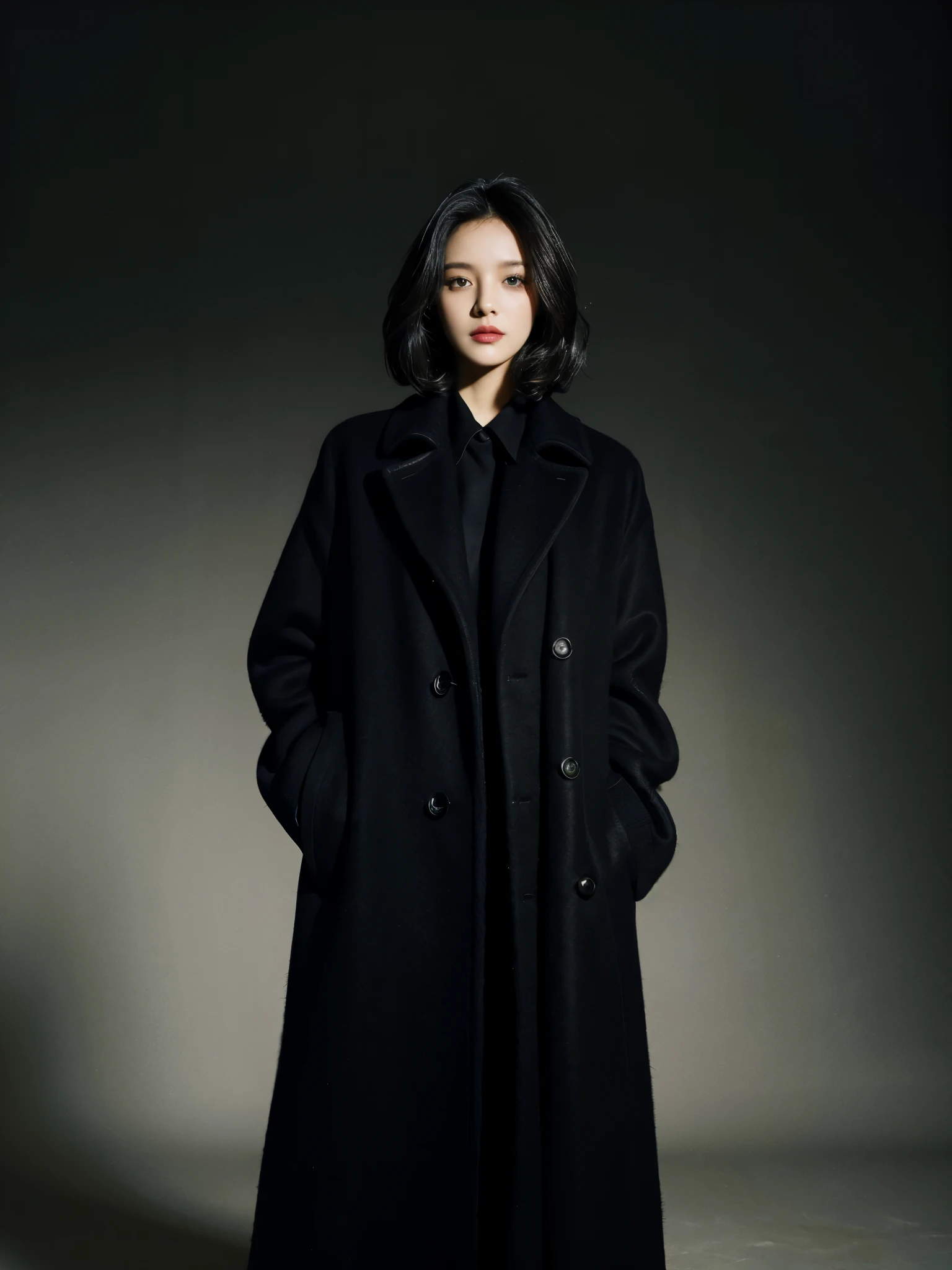 highest quality、(naked)、Japanese、girl、dark pubic hair、long coat、Spread the coat