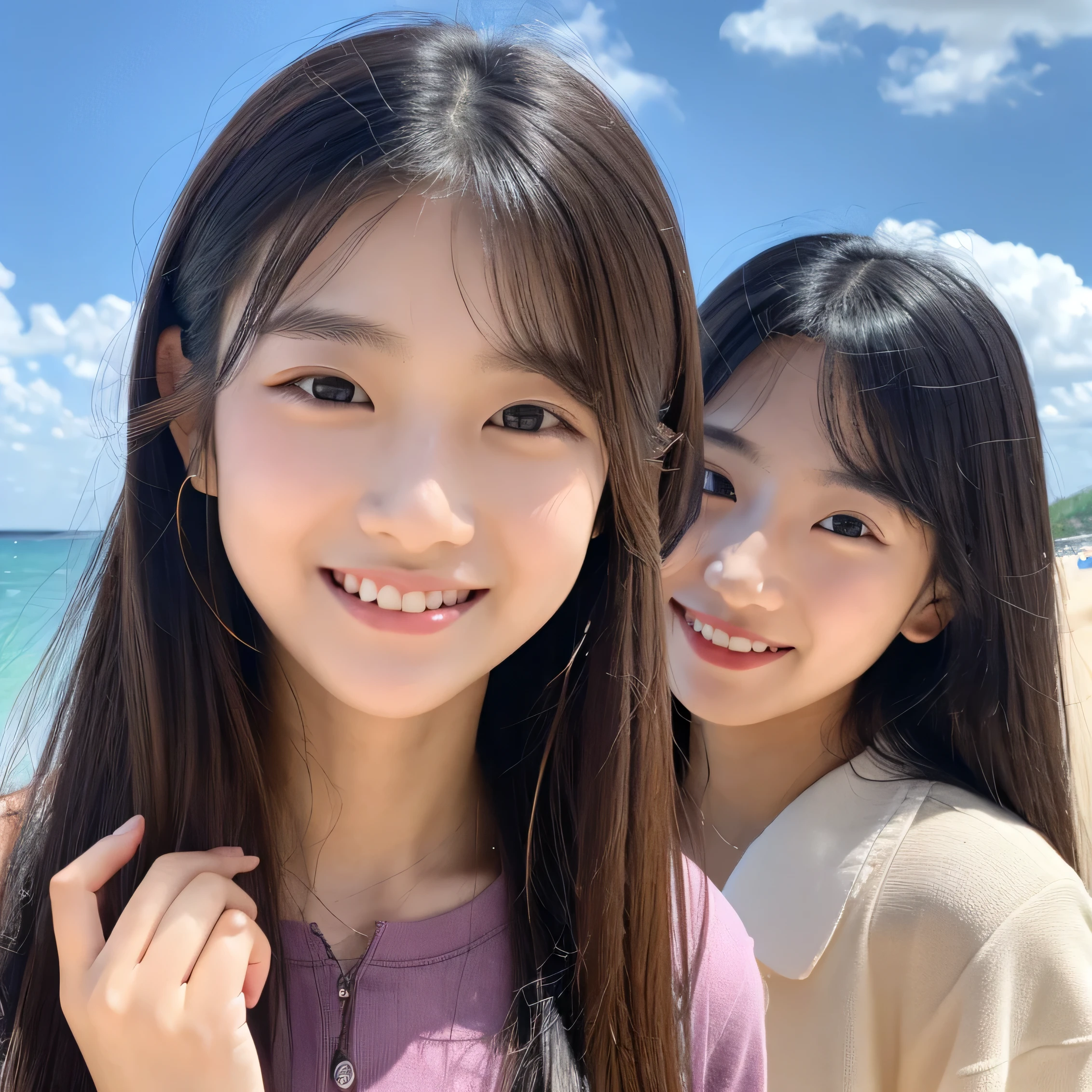 16 year old identical twin sisters, clear facial features, close, happy and golden retriever, black hair, walk on a beautiful sandy beach.(8K、Live shooting、highest quality、masterpiece:1.2)、Super detailed、super resolution、(hyper genuineity、)Super detailed、super resolution、(genuine、genuine photo:1.47)、highly detailed face、highly detailed eyes、非常にgenuineな肌、 highly detailed fingers, highly detailed nose, highly detailed mouth, highly detailed background,