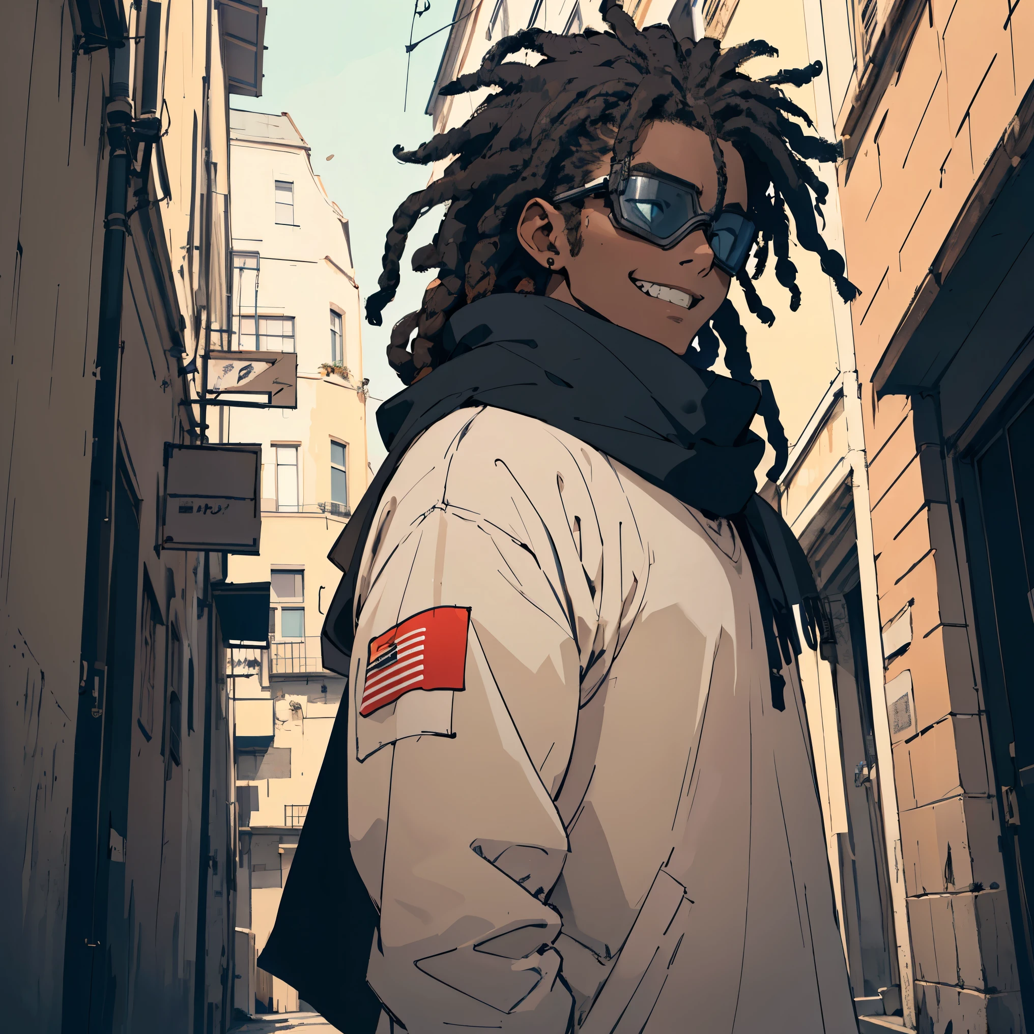 (Masterpiece, Top Quality, Best Quality, Official Art, Beauty and Aesthetics: 1.2), (Flat Color: 1.3), Very Detailed, Detailed Face and Eyes, Cinematic Light, SFW, Anime, Depth of Field, 1 Boy, Smile, Solo, Official, Black Hair, Black Scarf, Black Hair Dreads, Brown Eyes, Black Eye Shadow, Black Ski Goggles, Dark Skin, White Long Sleeve Shark T-shirt, Gray Cargo Pants