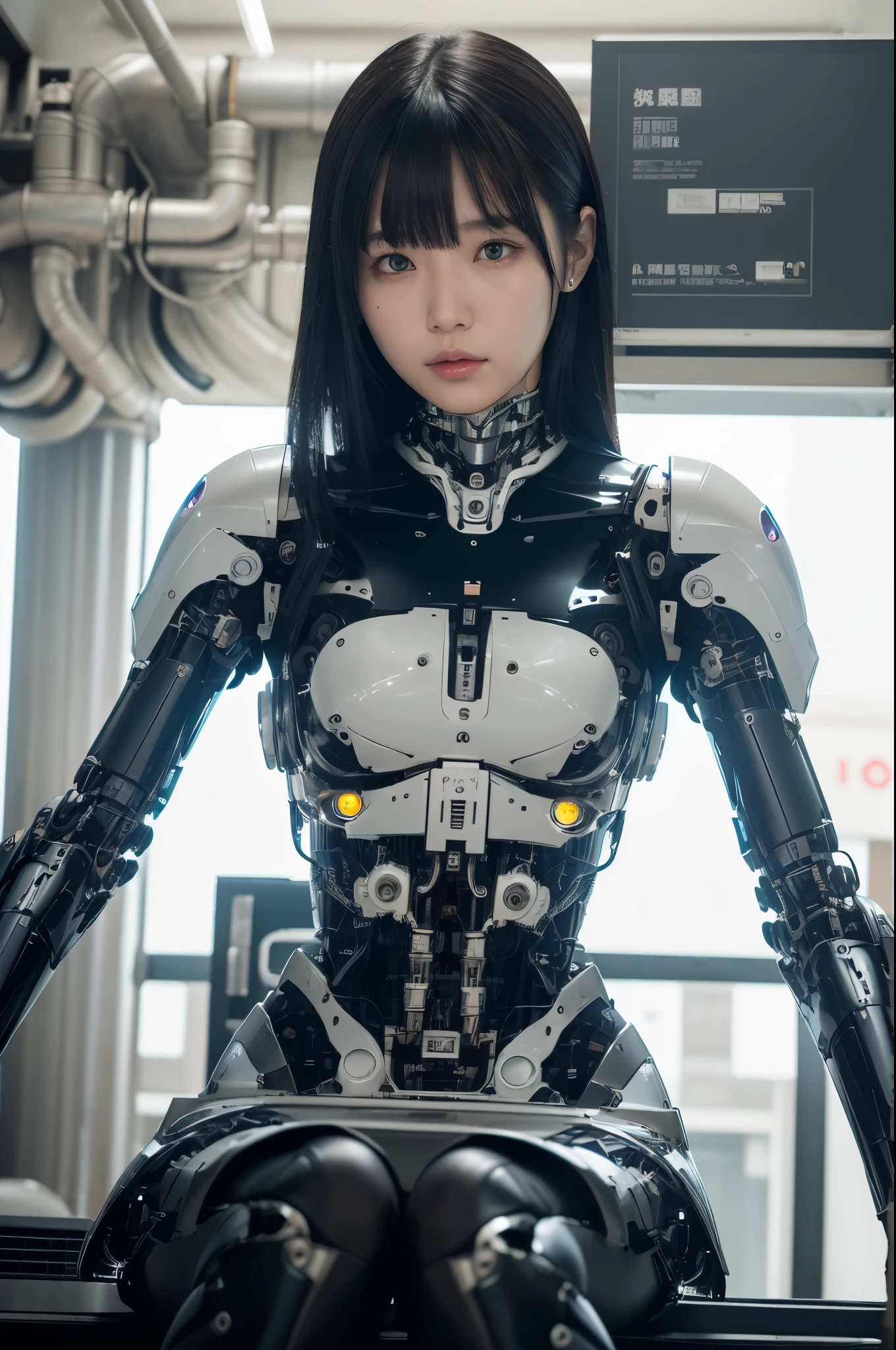 masterpiece, best quality, extremely detailed,  1girl in, Japaese Cyborg woman,Plump , control panels,android,Droid,Mechanical Hand, Robot arms and legs, Black Robot Parts,Black hair,Mechanical body,Blunt bangs,White robotics parts,perfect robot girl,future information counter,reception,long tube,thick cable connected her neck,ceramic body ,mechanical body, ear antenna,mechanical ear cover, loose boots,android,robot,humanoid,cyborg,information office,japanese android receptionist ,mechanical chest,full eyes,dark black tights