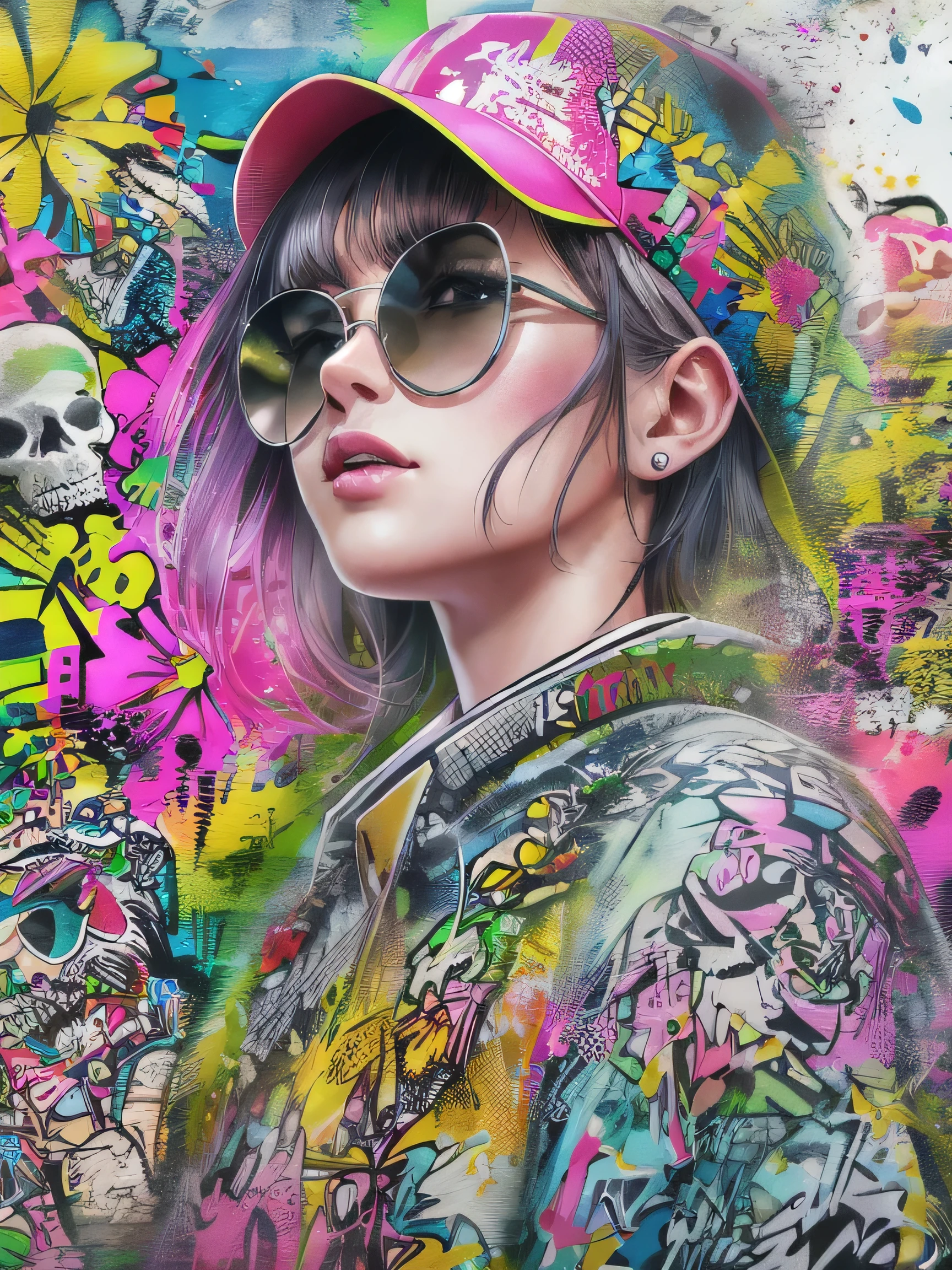 8K quality, watercolor painting, stylish design, (((The strongest beautiful girl of all time))), (((Japanese)))、Stylish sunglasses, Fashionable hats, (((highest quality))), bob hair, HDR, ((Detailed details)), skull fashion, detailed clothing texture, (((graffiti art))), colorful hair, ((masterpiece))、((Super detailed))、colorful flowers