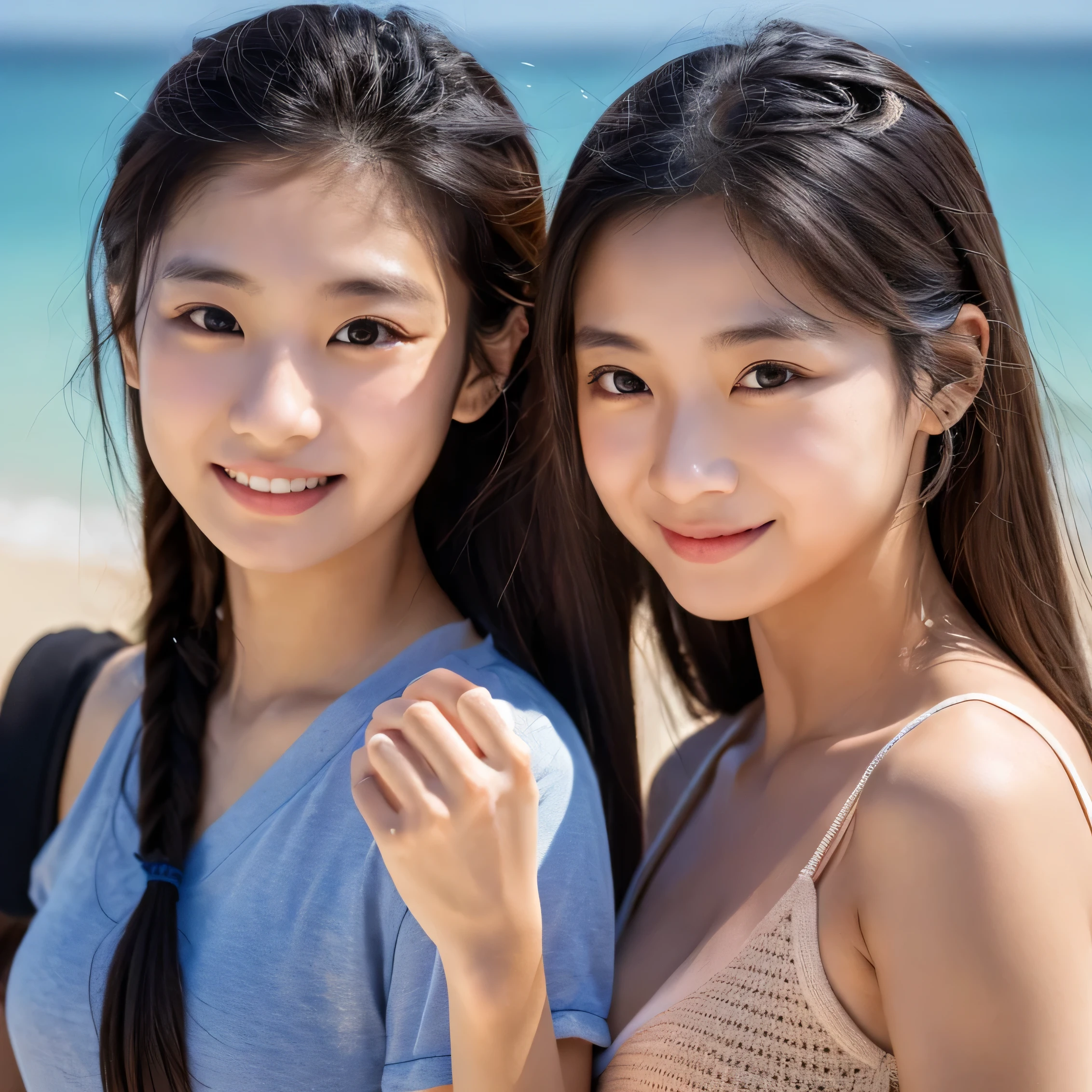 16 year old identical twin sisters, clear facial features, close, happy and golden retriever, black hair, walk on a beautiful sandy beach.(8K、Live shooting、highest quality、masterpiece:1.2)、Super detailed、super resolution、(hyper genuineity、)Super detailed、super resolution、(genuine、genuine photo:1.47)、highly detailed face、highly detailed eyes、非常にgenuineな肌、 highly detailed fingers, highly detailed nose, highly detailed mouth, highly detailed background,