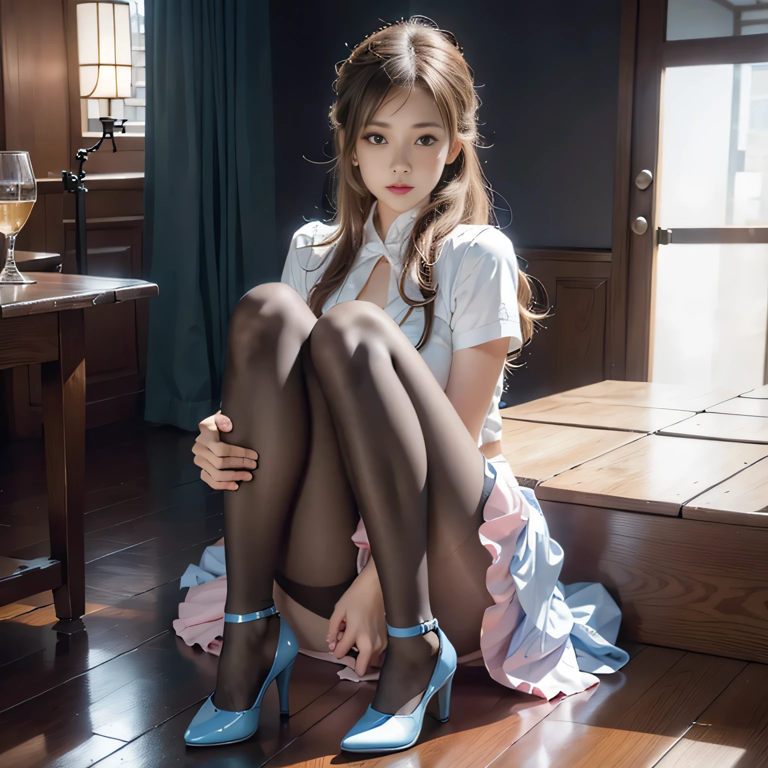(full body:1.5),(1 girl:1.3),(show viewer:1.4),(correct anatomy:1.3),{{(Sit on the white floor)}},{{(blue skirt :1.2)}},
break,((pink pantyhose),
break,( please wear white heels:1.1),
break,(accurate and perfect face:1.3),hyper hd, ray tracing, reflected light, structurally correct, award-winning, high detail, Brighten the contrast of shadows, face lighting ,cinematic lighting, table top, Super detailed, high quality, high detail, 最high quality, 16k,high contrast,
