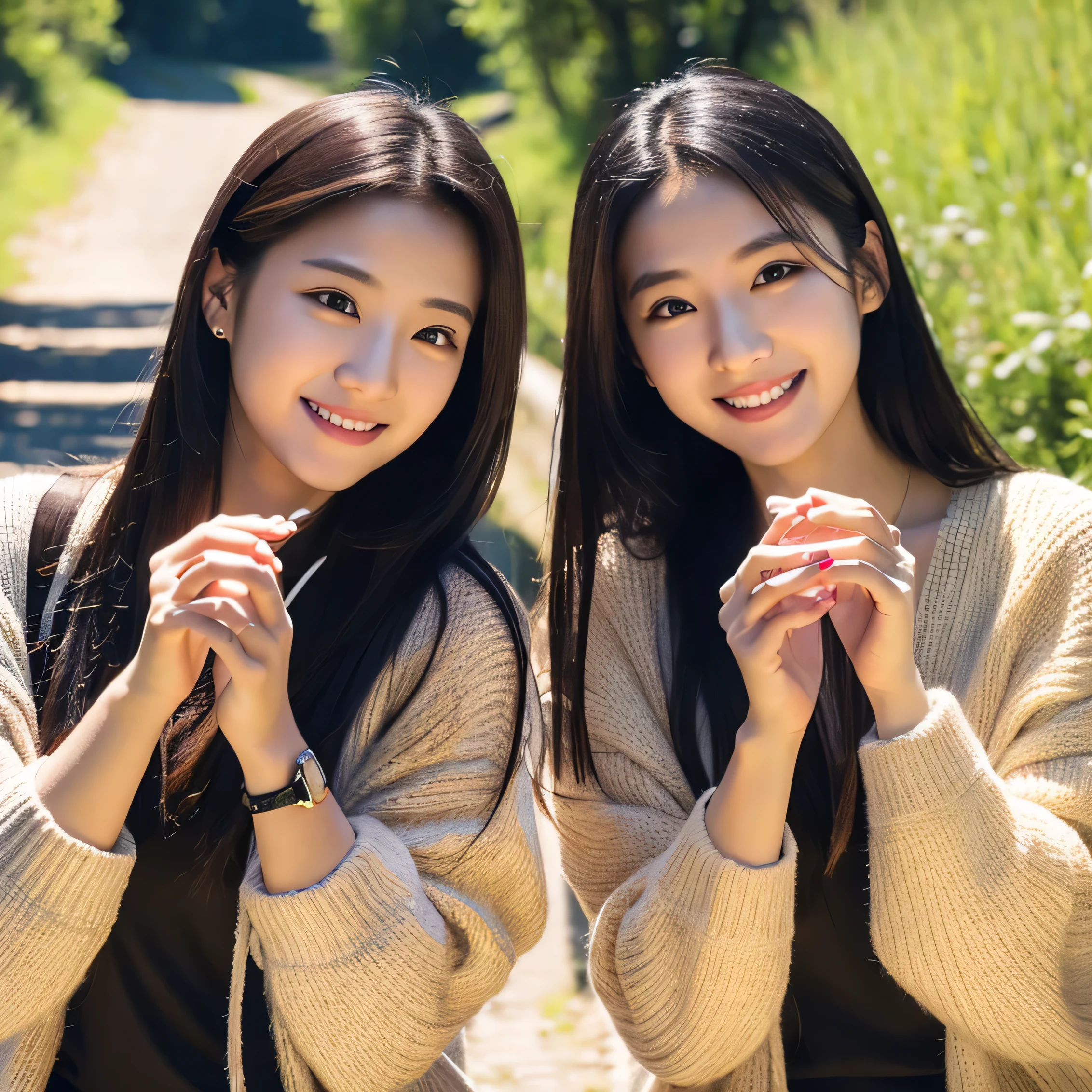 16 year old identical twin sisters, clear facial features, close, happy and golden retriever, black hair, walk on a mountain path.(8K、Live shooting、highest quality、masterpiece:1.2)、Super detailed、super resolution、(hyper genuineity、)Super detailed、super resolution、(genuine、genuine photo:1.47)、highly detailed face、highly detailed eyes、非常にgenuineな肌、 highly detailed fingers, highly detailed nose, highly detailed mouth, highly detailed background,
