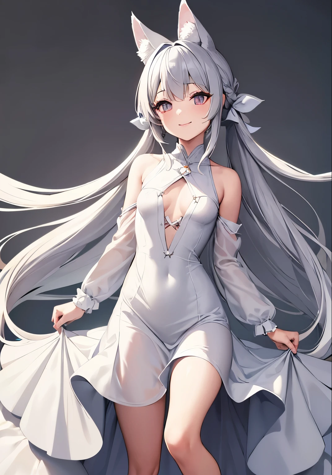 1girl, solo, small breasts, small, bare feet, smile, thin shirt, white shirt, outside, long dress, twin tail, gray hair, long hair, wolf ears, diamond eyes, dress one-piece, dress, detailed hand, detailed outfit, ultra quality, best quality, full details, perfect face,