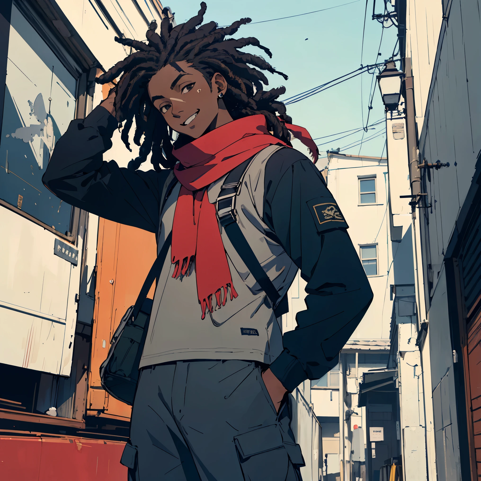 (Masterpiece, Top Quality, Best Quality, Official Art, Beauty and Aesthetics: 1.2), (Flat Color: 1.3), Very Detailed, Detailed Face and Eyes, Cinematic Light, SFW, Anime, Depth of Field, 1 Boy, Smile, Solo, Official, Black Hair, Black Scarf, Black Hair Dreads, Brown Eyes, Black Eye Shadow, Black Ski Goggles, Dark Skin, White Long Sleeve Shark T-shirt, Gray Cargo Pants