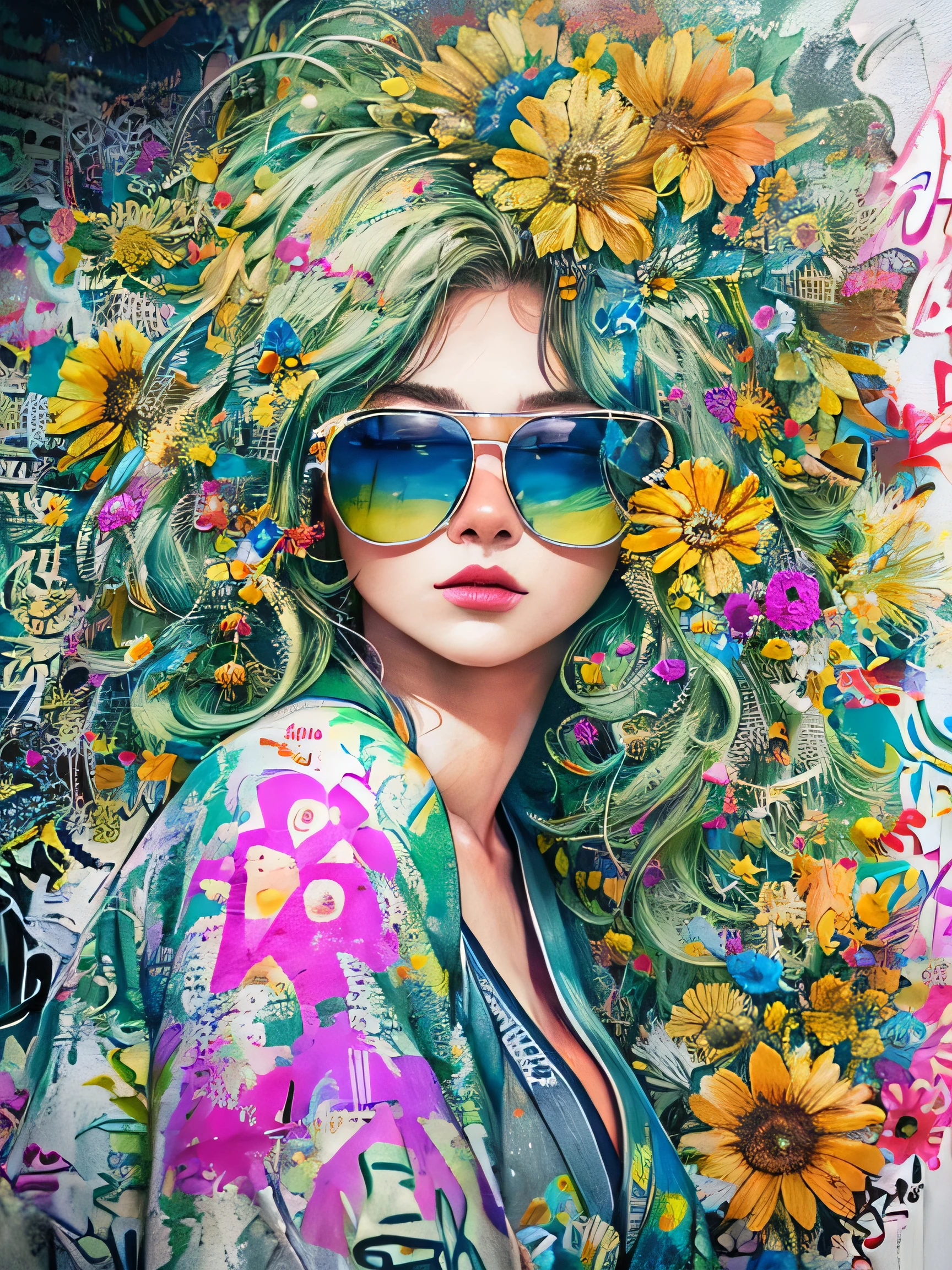 "Mulher madura deslumbrante com um rosto perfeito, flawless skin and an amazing hippie look. Ela tem cabelo rosa curto, cut sideways and wears a pair of gorgeous earrings made of padded paper art and is wearing baggy hippie clothes, coloridas e muito bonitas."