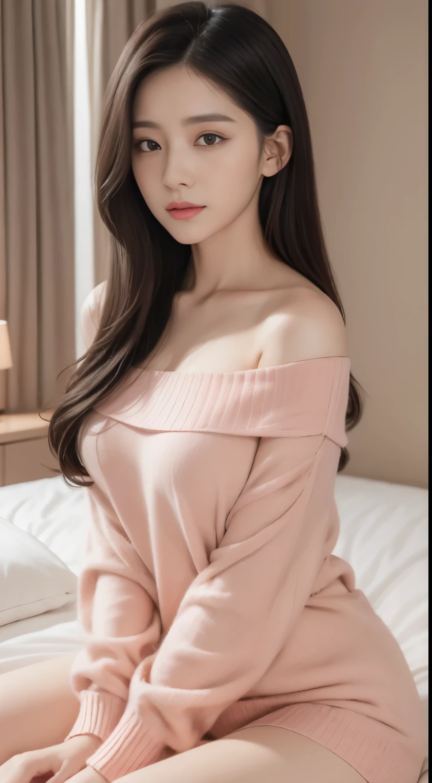 （（top-quality，8K，tmasterpiece：1.3）），Beautuful Women，Hide your face，1个Giant Breast Girl，big breasts beautiful：1.3，Slender abs：1.1，camisole，，longblackhair，（kneeling on a bed），Super detailed face，Highly detailed lips，Detailed eyes，double eyelid，Pink knit sweater