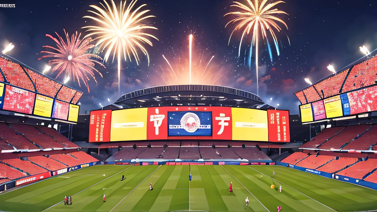 Crowded football stadium、firework、front、cheering seats、large crowd of people々