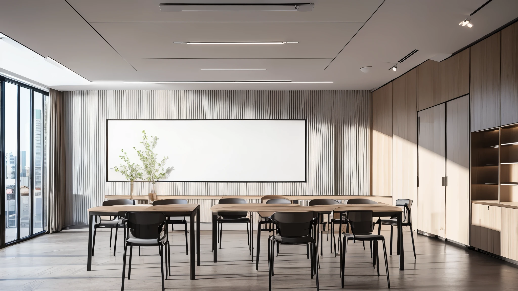 Hyper-realistic scenarios，4K，A bright empty classroom，indoor lighting，There are no tables or chairs on the floor，Back cabinet on the wall，Have a big monitor，Ultra wide angle focal length，warm light，no outdoor window light