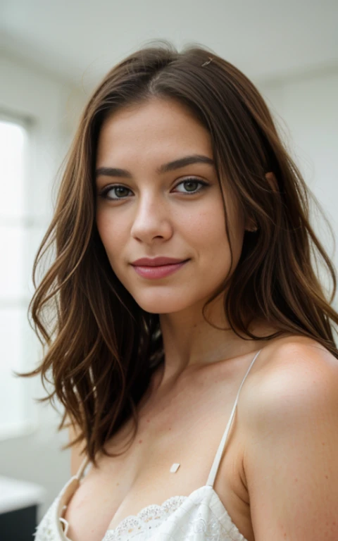 Belle brune portant un pull beige clair (Soins des ongles dans un salon de beauté moderne), très détaillée, 45 ans, visage innocent, cheveux ondulés naturels, yeux vert, résolution élevée, meilleur qualité, Détails complexes, Très détaillé, mise au point nette, peau détaillée, texture de peau réaliste, texture, yeux détaillés, professionnel, 4K, sourire charmant, filmé sur Canon, 85 mm, faible profondeur de champ, Couleur Kodak Vision, corps parfaitement ajusté, extrêmement détaillée, photographier_\(ultra\), photo réaliste, Réaliste, Post-traitement, Un maximum de détails, rugosité, vie réelle, Ultra réaliste, photo réalisme, photographie, 8K UHD, photographie, travail, bureau