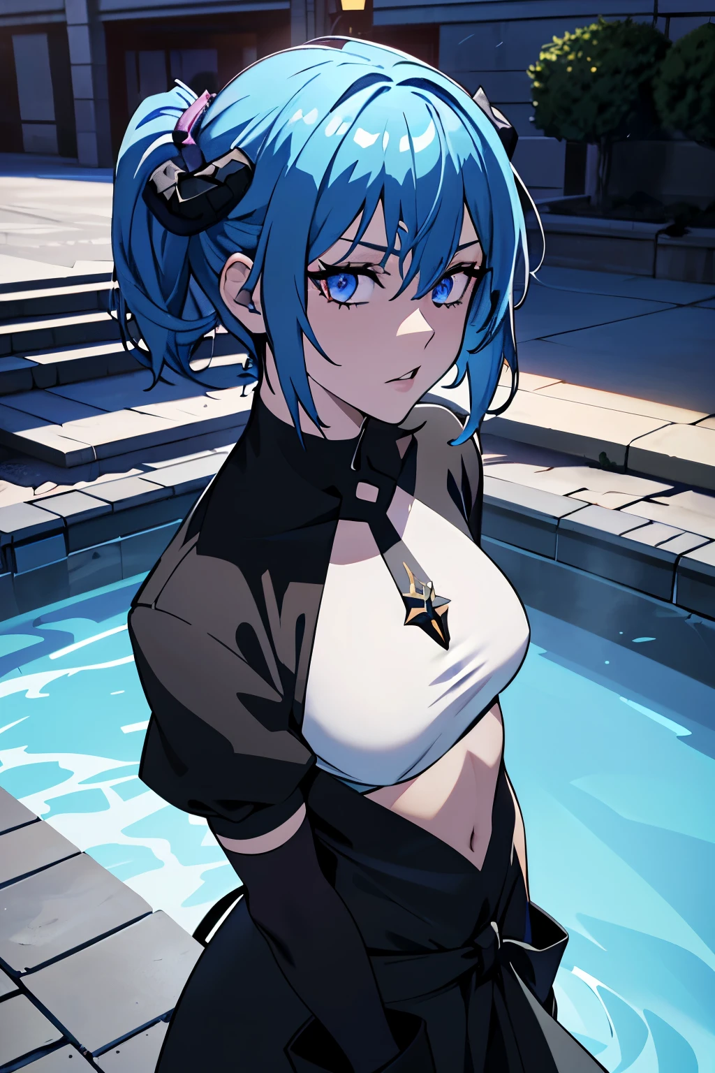 1 girl ,(big Stigmata) , School courtyard, (floating hair), ((in courtyard fountain)), character focus, ((black light)),((dark lighting)), cinematic lighting ,(darkness), (concept art), ((innocent face)), blue short straight hair, light blue hair color, dragonoid girl, short, short blue hairy, glowing bluish-purple horns, bluey-purple eye color, (glowing eyes), high resolution,(incredibly absurdres) ,extremely detailed CG unity 8k wallpaper, ((masterpiece)), ((top-quality)), (beautiful illustration), ((an extremely delicate and beautiful)), (masterpiece, Best quality, ultra high resolution), 1 girl, pale skin, Black Crown, purple eyes, Luminous_eyes, neon blue eyes, ultra detailed eyes, Beautiful and detailed face, detailed eyes, (Centered, torso), (wide shot:0.9), facing the viewer, Eye level, flat chested, cup size AAA, Wearing black cargo shorts, sharp horns, blue horns on top of head, gloves