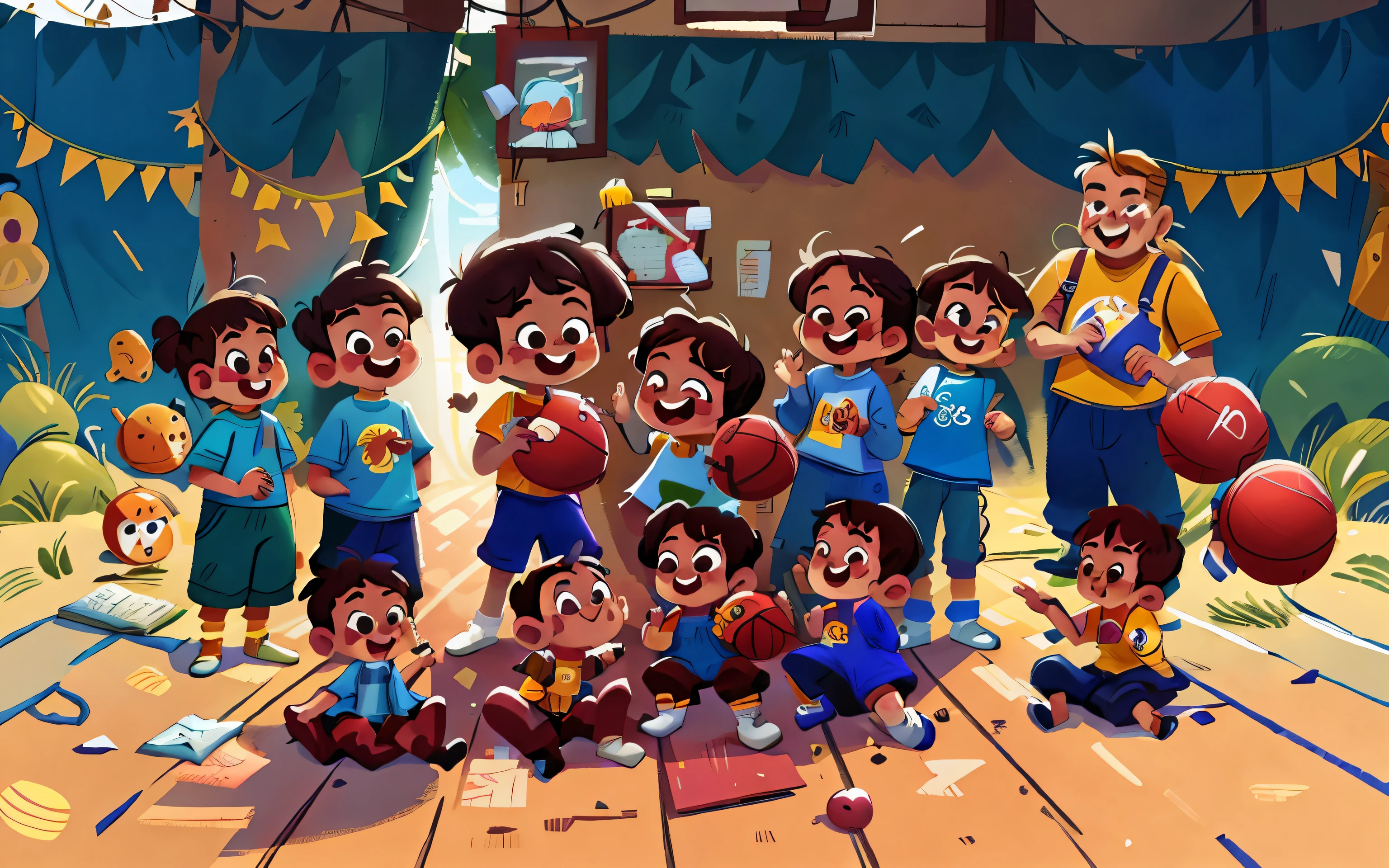 4K，masterpiece，Smiling faces in the sunshine class，There are many children and adults posing for photos on the basketball court, dribbling contest winner, nanquan, high quality，Exquisite facial features，8K，