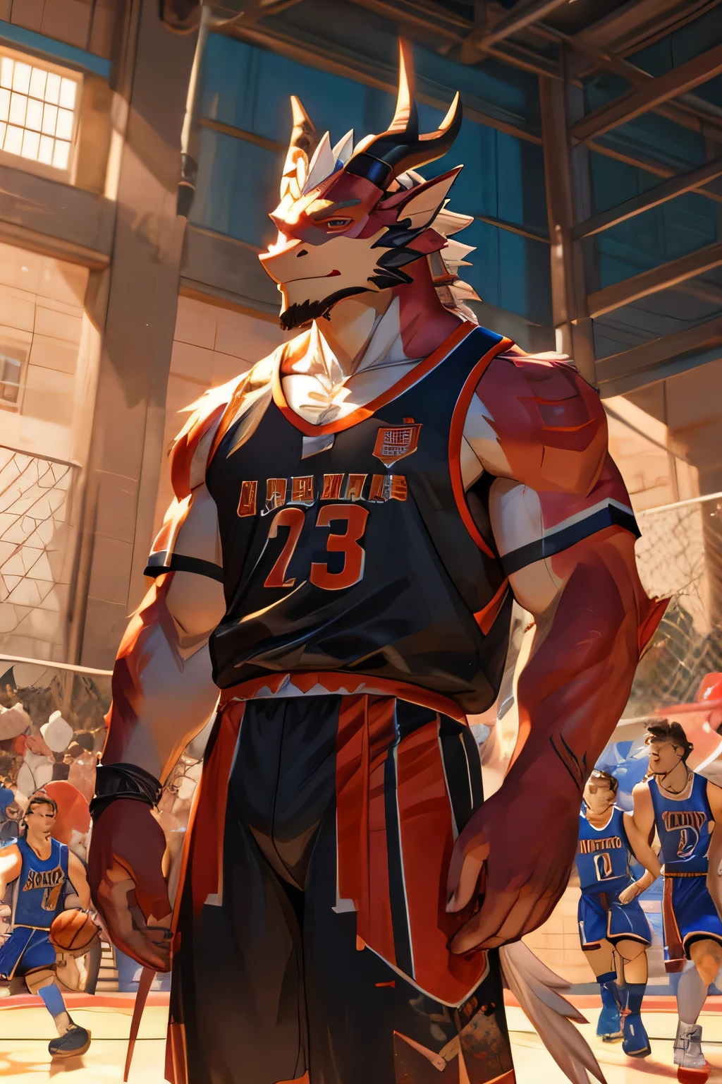 watercolor,natural lighting,Sunlight,Nude from the waist up,basketball court,daytime,male,Red Dragon,middle aged,Athletic,whole body,face close-up,expected,Corona interior renderings,high detail,high quality,High purity shades,Xin Haicheng,high detail,high quality,realism,third person perspective,white basketball jersey,playground,outdoor,masterpiece,holding a basketball