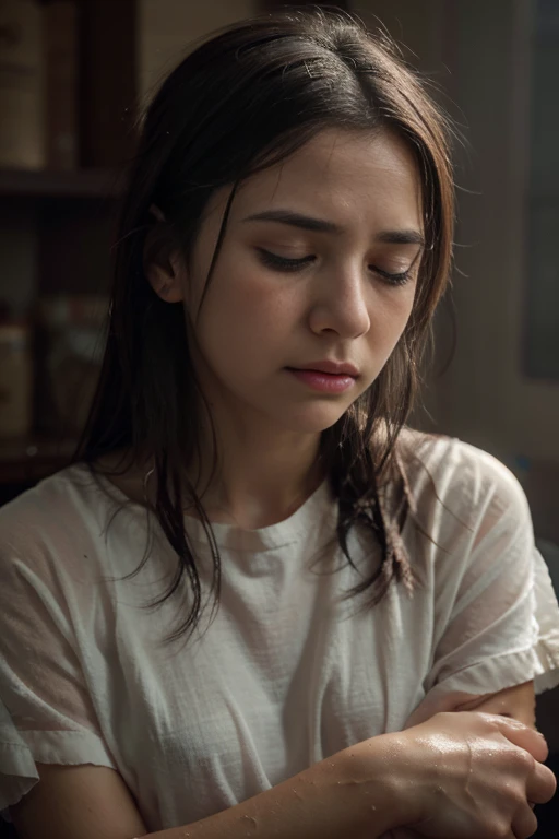 a girl crying,tear-streaked face,emotional expression,sadness,teardrops,gentle sobbing,red puffy eyes,distressed,vulnerable,empathy,grief,loneliness,heartbreak,sorrow,emotional release,comforting arms,tissues,dark shadows,wet eyelashes,emotional breakdown,silent tears,raw emotions,intense pain,teary-eyed,deep sadness,hopelessness,emotional healing,release of pent-up emotions",healing hands,fragile,soft lighting,emotional catharsis,care and support,"best quality,4k,8k,highres,masterpiece:1.2",ultra-detailed,realistic:1.37,portraits,soft color palette,warm lighting